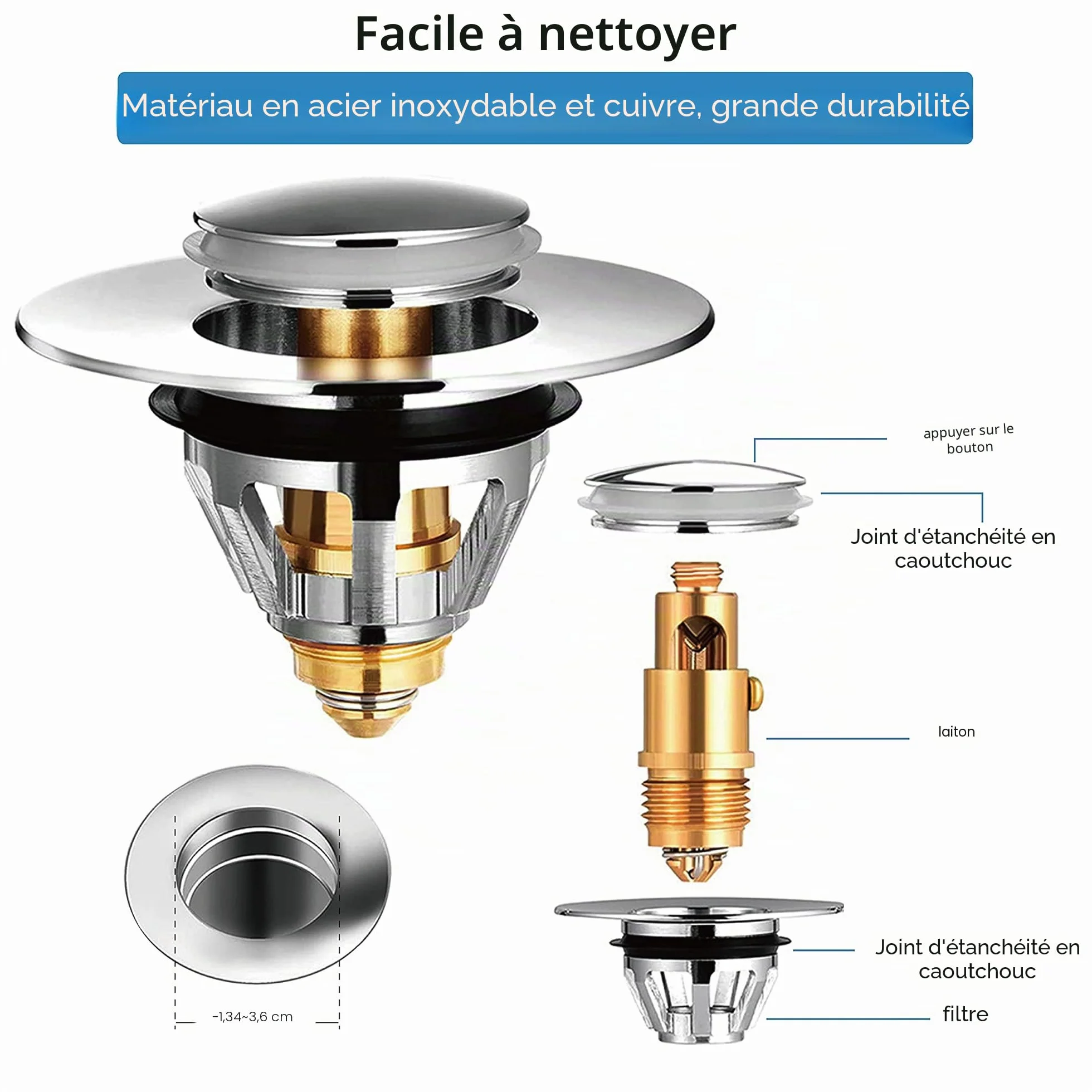 Bouchon Lavabo Universel Bonde Acier Inoxydable Popup 32 38 mm