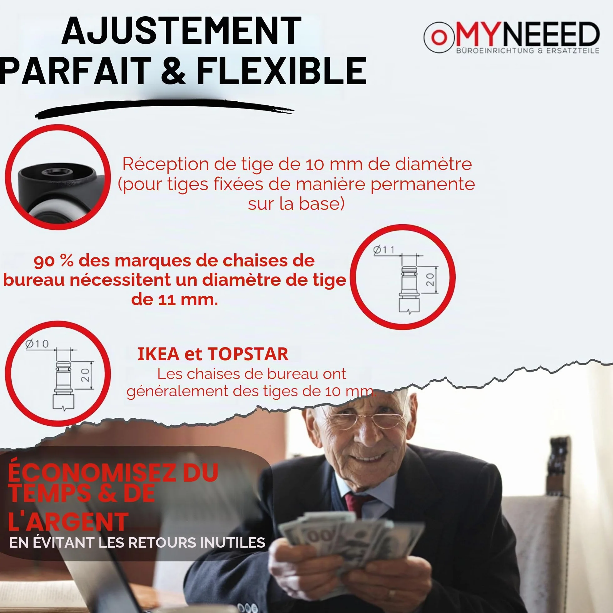 Roulettes pour sols durs 10 mm/11 mm pour toutes les marques de chaises de bureau – Roulettes résistantes sans goupille pour sols stratifiés, parquets, carrelages – Sans rayures et silencieuses