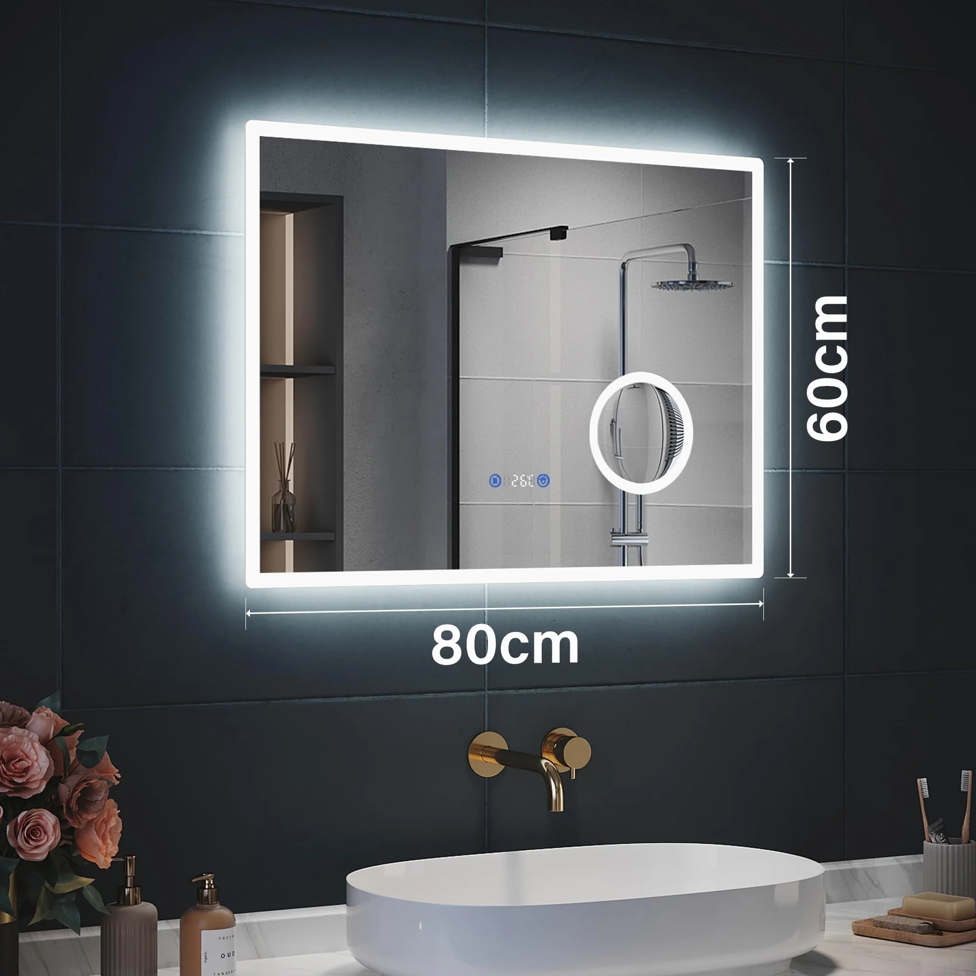 SIRHONA Miroir de Salle de Bain avec Éclairage, Affichage Numérique Écran LED, Miroir avec Une Loupe 3X, Anti-buée, 3 Températures de Couleur, Dimmable, Fonction Mémoire, 80x60cm