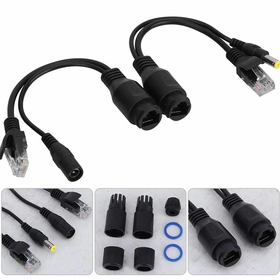 Rozdzielacz POE, wodoodporny kabel Ethernet 12 V zasilany pasywnym wtryskiwaczem rozdzielacza (kolor: czarny)