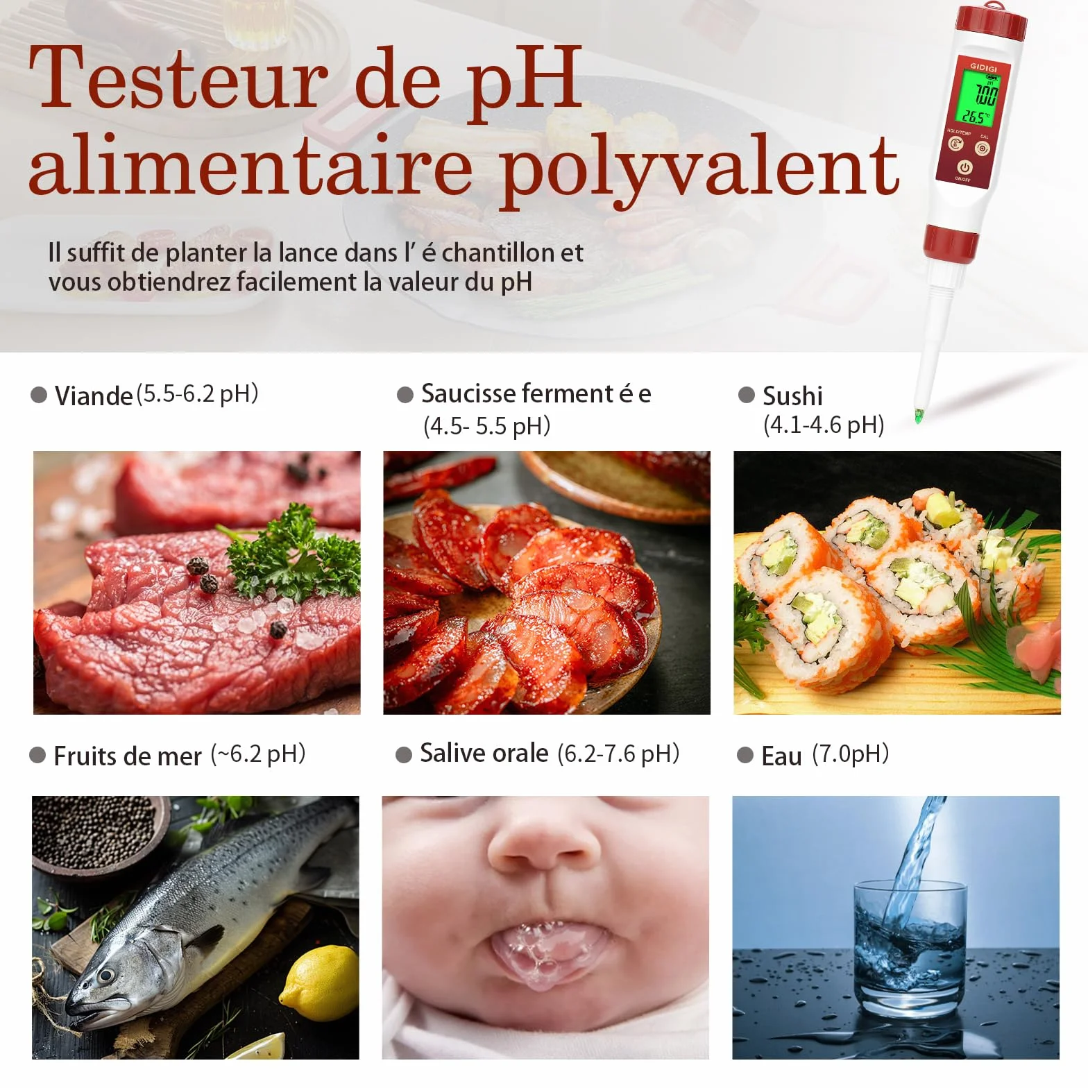 pH Mètre Aliments, pH-Mètre Numérique Pour Fermentation, Sauce Piquante, conservé, Sonde de Test de pH Alimentaire à Pointe de Lance Pour Fromage, Sourdough, Salive,Viande，solide，Semi-solide