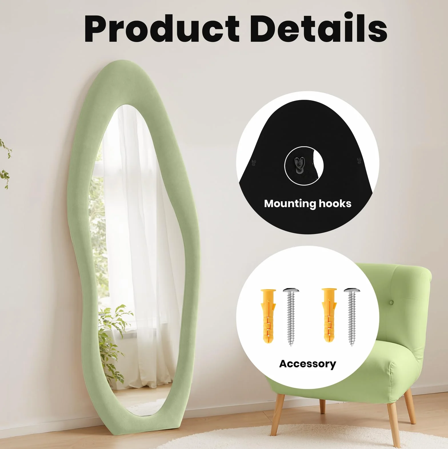 Miroir ondulé irrégulier 160 x 60 cm pleine longueur avec cadre en bois recouvert de flanelle à suspendre