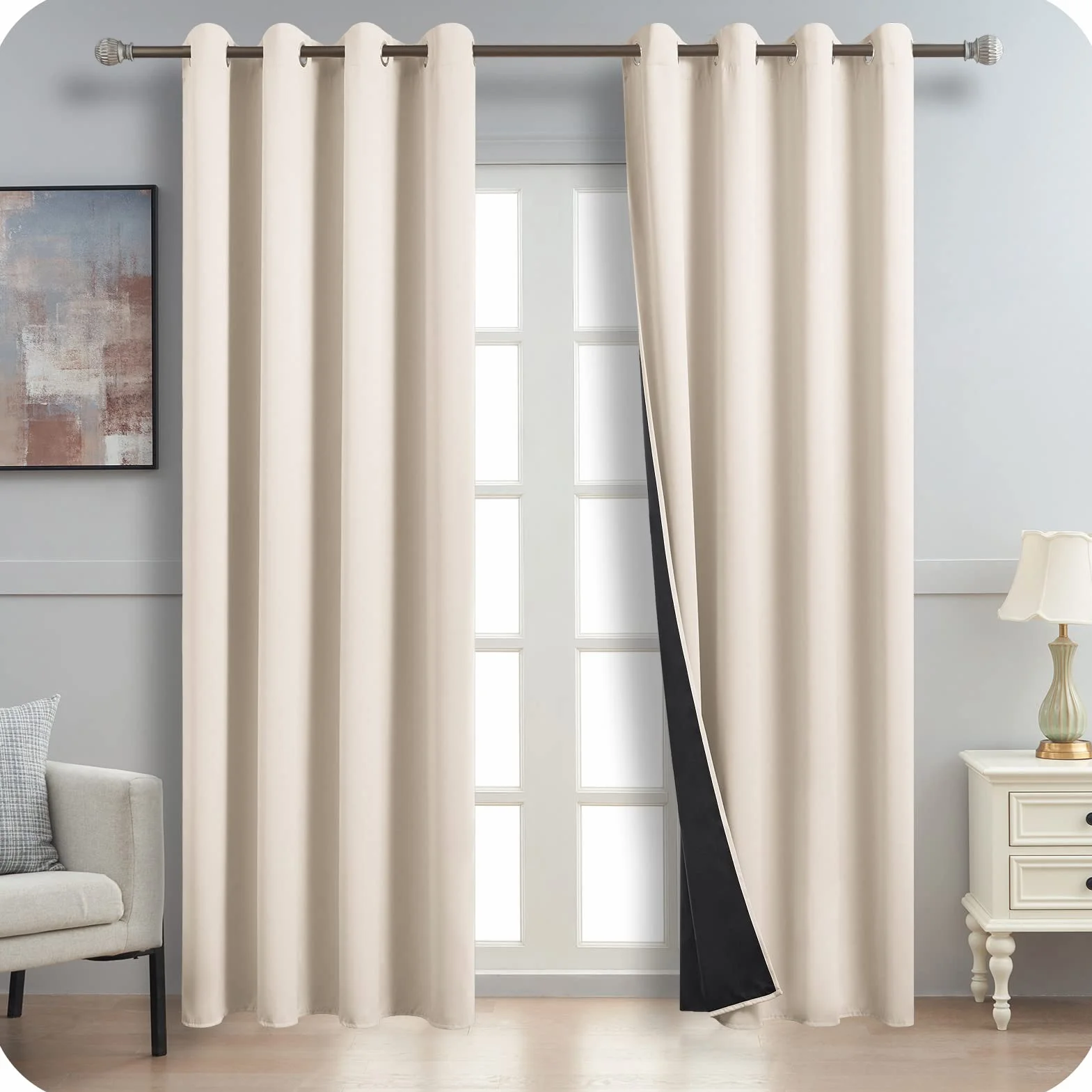 Rideau Occultant Thermique Isolant Anti Froid Chaleur Anti-UV Beige 140x225 cm 2 Pièces