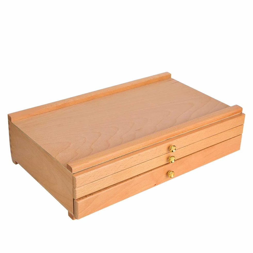 Boîte à Outils de Peinture à Tiroir à Trois Couches en Bois d'orme, Boîte de Rangement de Fournitures d'art pour Peintures