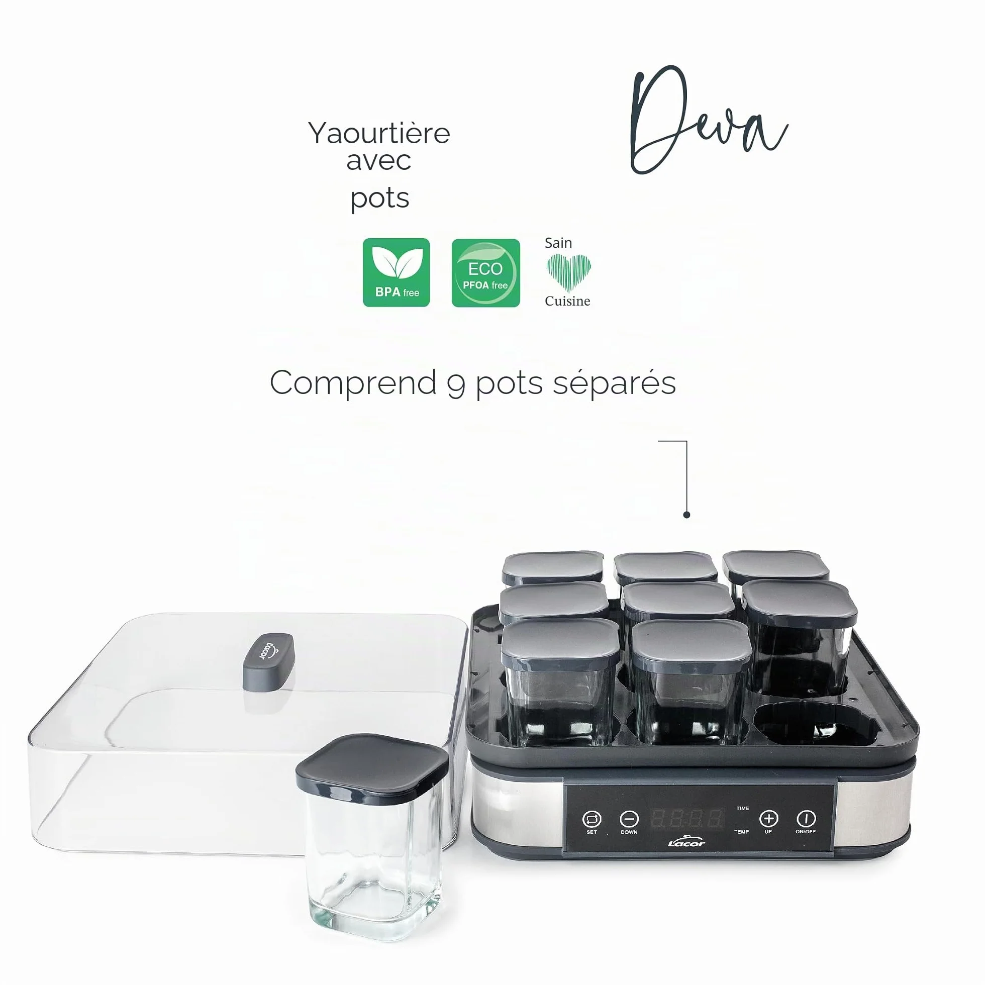Lacor - 69439 - Yaourtière en Verre Deva, 9 Bocaux en Verre Inclus, Température Réglable, Minuterie, Arrêt Automatique, Livre de Recettes Inclus, 100% sans BPA, 170ml x 9