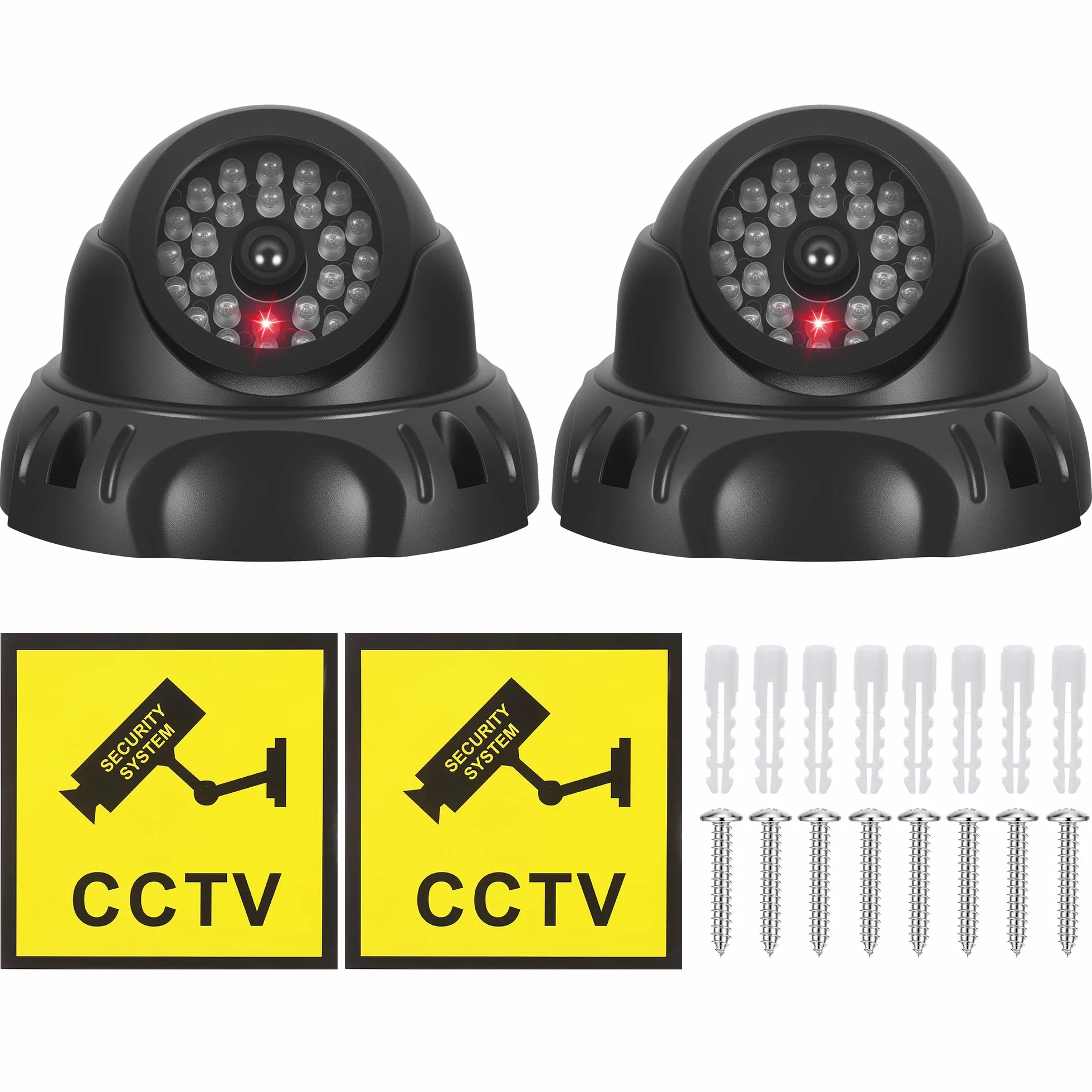 JIZZU 2 sztuki atrapy kamery, atrapa CCTV, obrotowa, atrapa kamery zewnętrznej, z migającą czerwoną diodą LED, fałszywa kamera, do montażu na ścianie lub suficie, do użytku wewnątrz i na zewnątrz