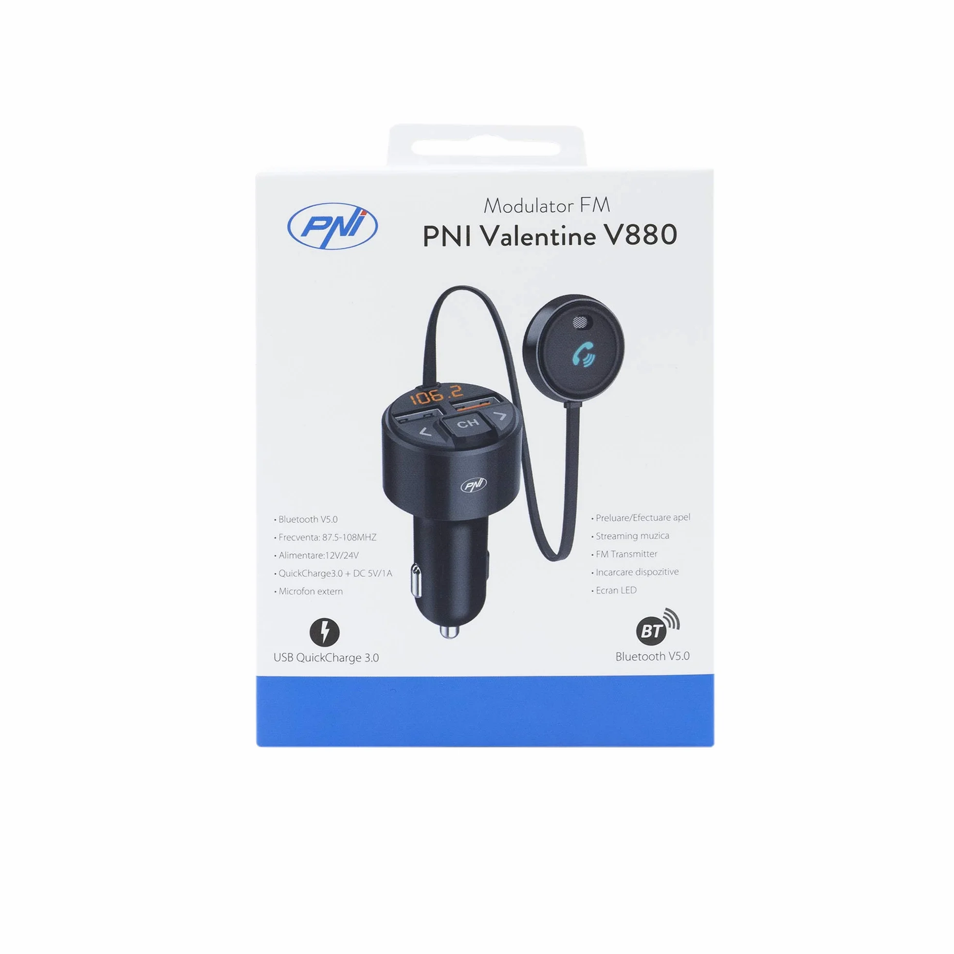 PNI PNI-V880 Valentine V880 modulator z mikrofonem, Bluetooth 5.0, odtwarzacz MP3, nadajnik FM, dwa porty USB, szybkie ładowanie urządzeń mobilnych przez QC3.0, kompatybilny z Siri i Google Assistant