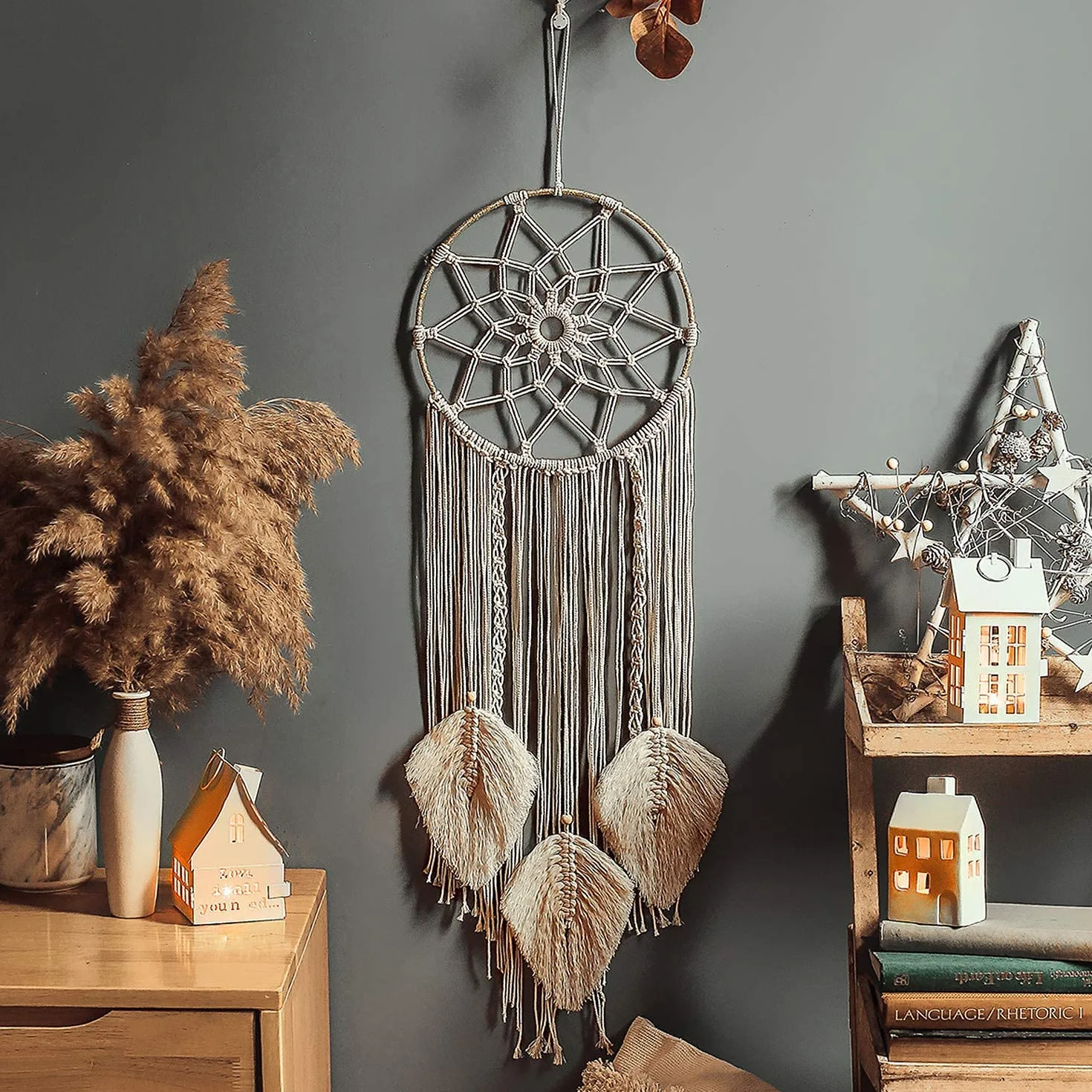 Attrape-rêves en macramé Décoration murale Art mural tissé à la main bohème Cercle métallique Beige