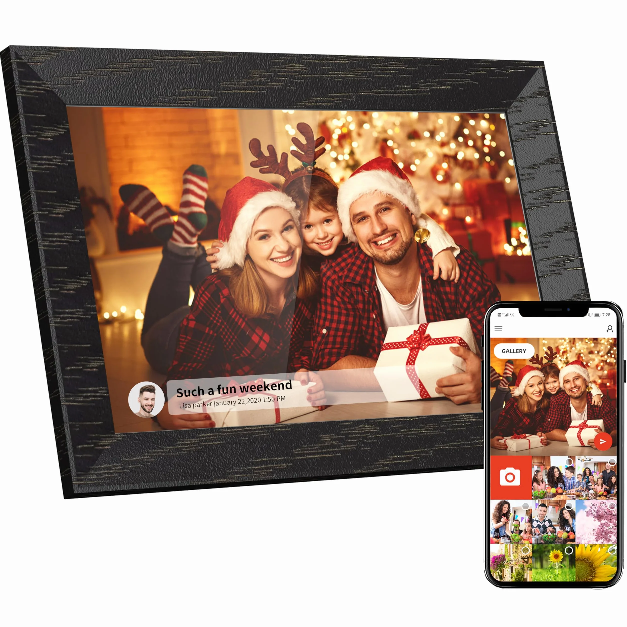 10.1-calowa cyfrowa ramka zdj?? Wi-Fi, 1280 x 800 IPS Cyfrowa ramka obrazu dotykowego, 16G Walnut Brown, udost?pnij zdj?cia lub filmy za po?rednictwem aplikacji Uhale(bez baterii)