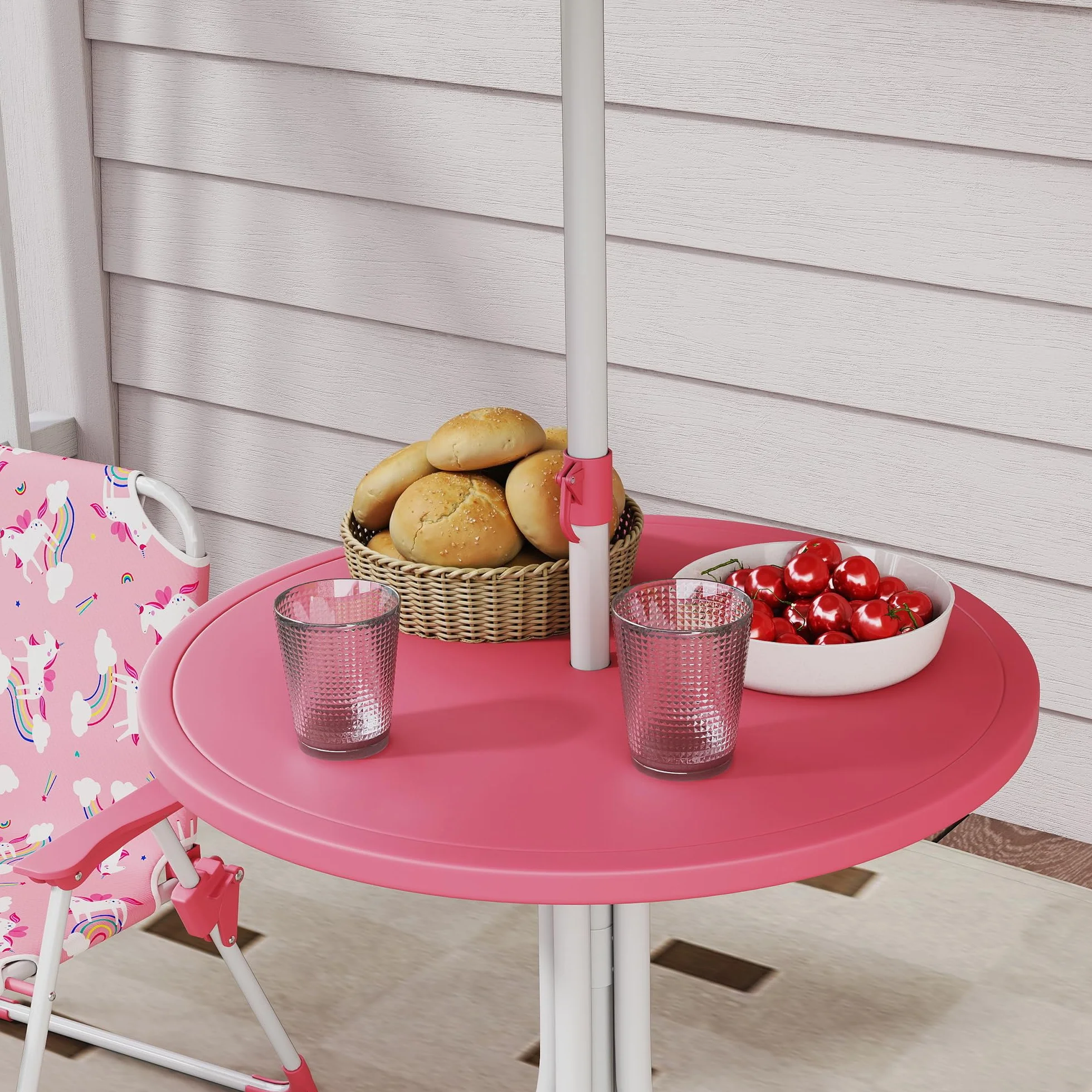 AIYAPLAY Ensemble Salon de Jardin Enfant Table avec Chaise 4 Pièces Motif Éléphant Girafe Parasol Réglable Ø 100 cm Pliable Rose