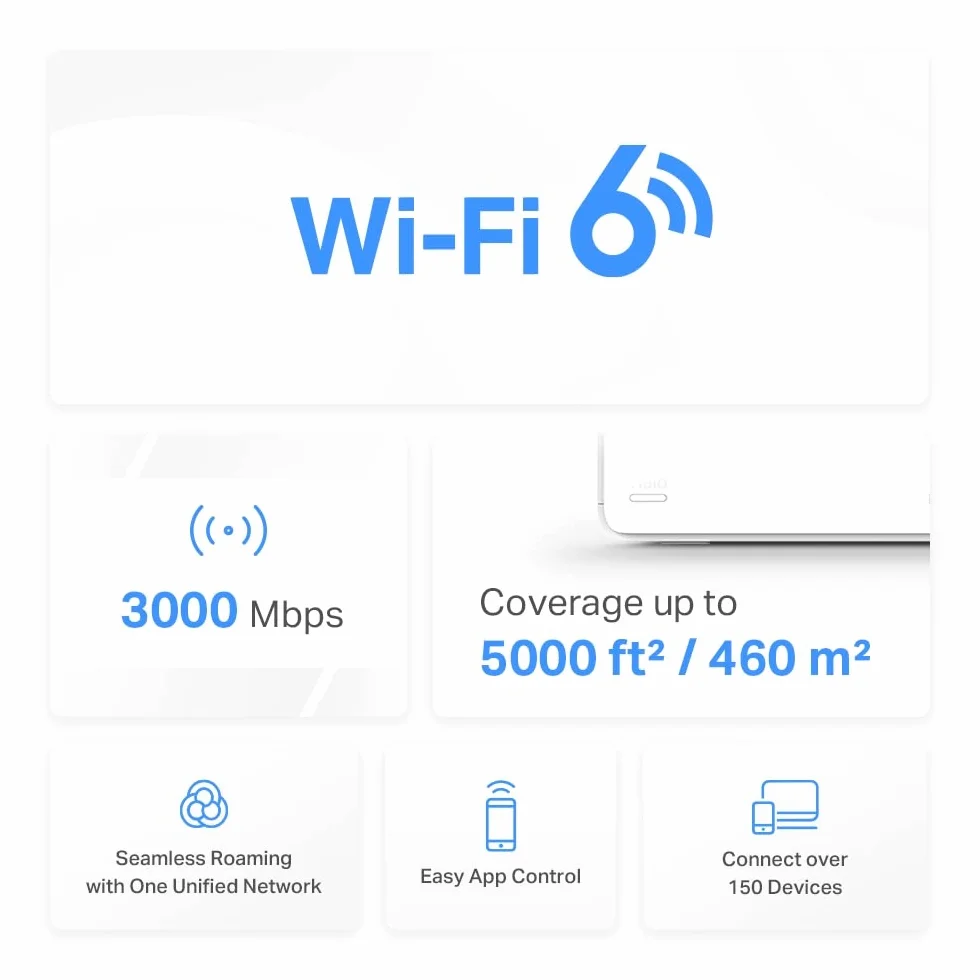 Mercusys Halo H3000X(2-Pack) - Router System WiFi 6 Mesh, AX3000, Dual-Band, Zasięg do 420 m², 3X Gigabit Port na jednostkę, zarządzanie siecią, Łatwa konfiguracja z aplikacją, WPA3
