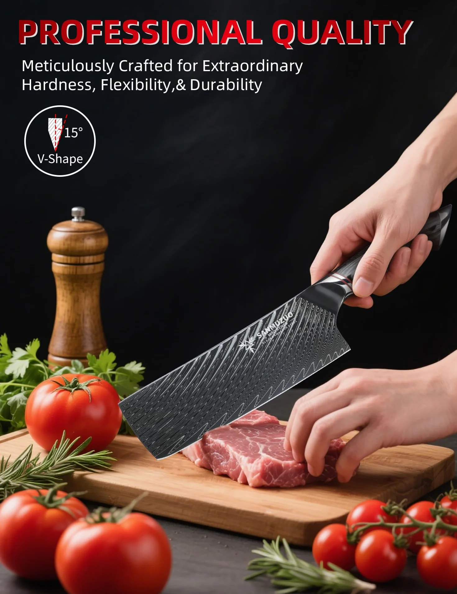 Couteau Nakiri 18 cm Couteaux de cuisine professionnels - Couteau japonais Usuba - Acier Damas noir avec manche ergonomique - Série MIAO