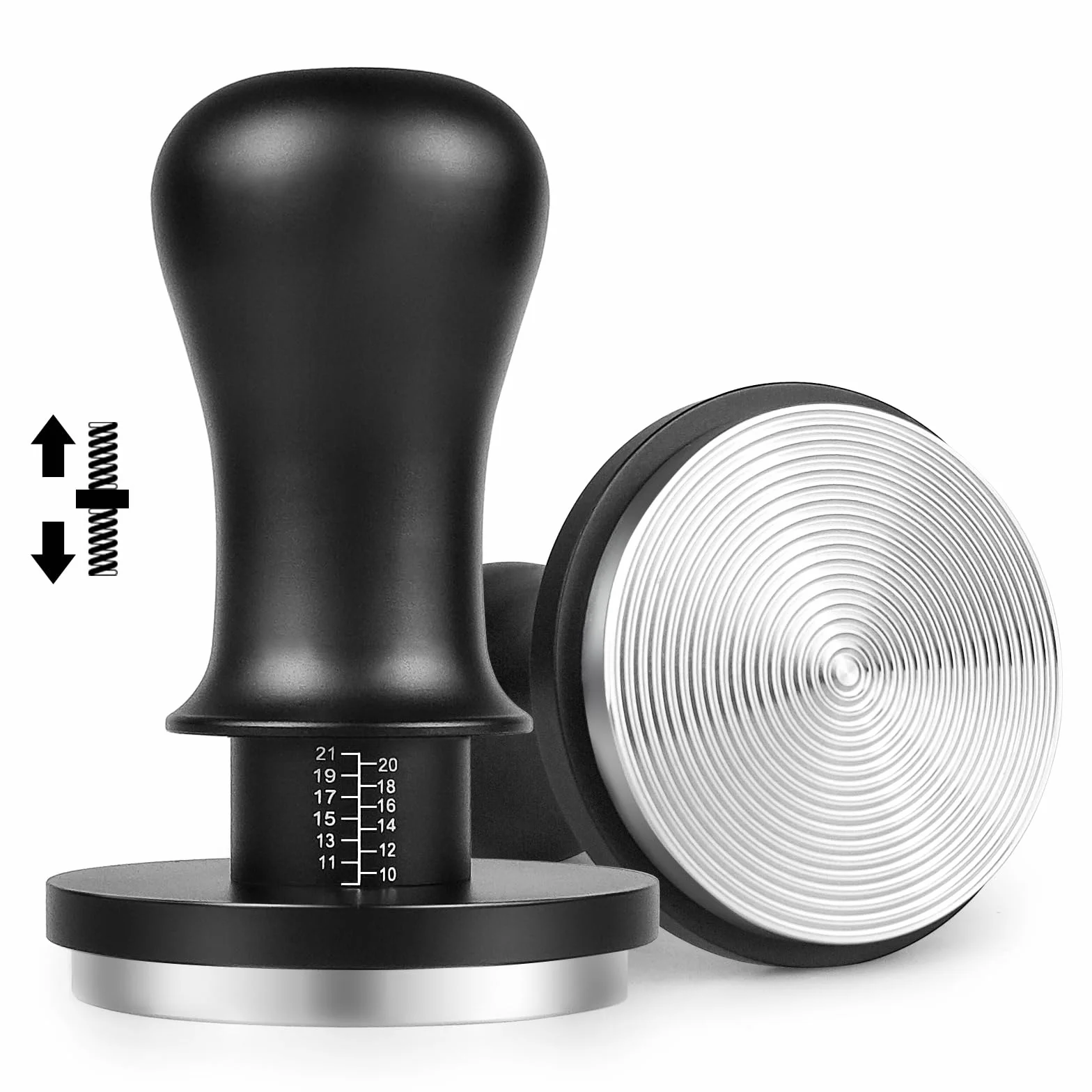 NOTSEK Tamper à café 54 mm, tampon à ressort calibré de 54 mm avec pression de contact de 13,6 kg, base ondulée en acier inoxydable 304 pour porte-filtre sauge, noir