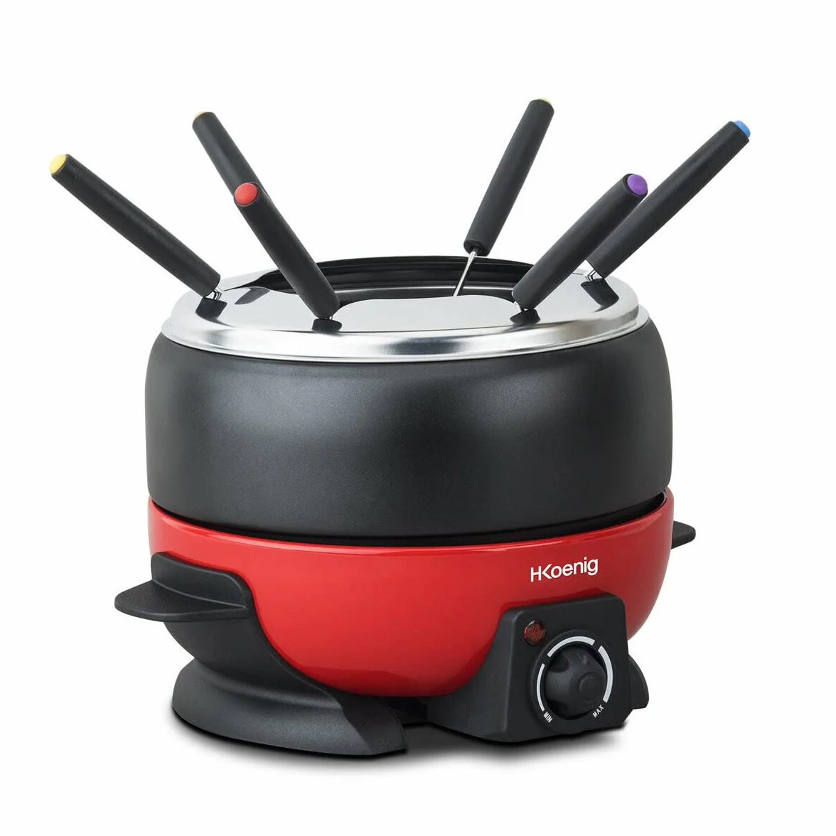 H.Koenig Appareil à Fondue Electrique 6 Fourchettes 2L Inox ALP1800, Service à Fondue Chocolat Bourguignonne Fromage Savoyarde, Bol Amovible Antiadhésif Résistant, Couvercle antiprojection
