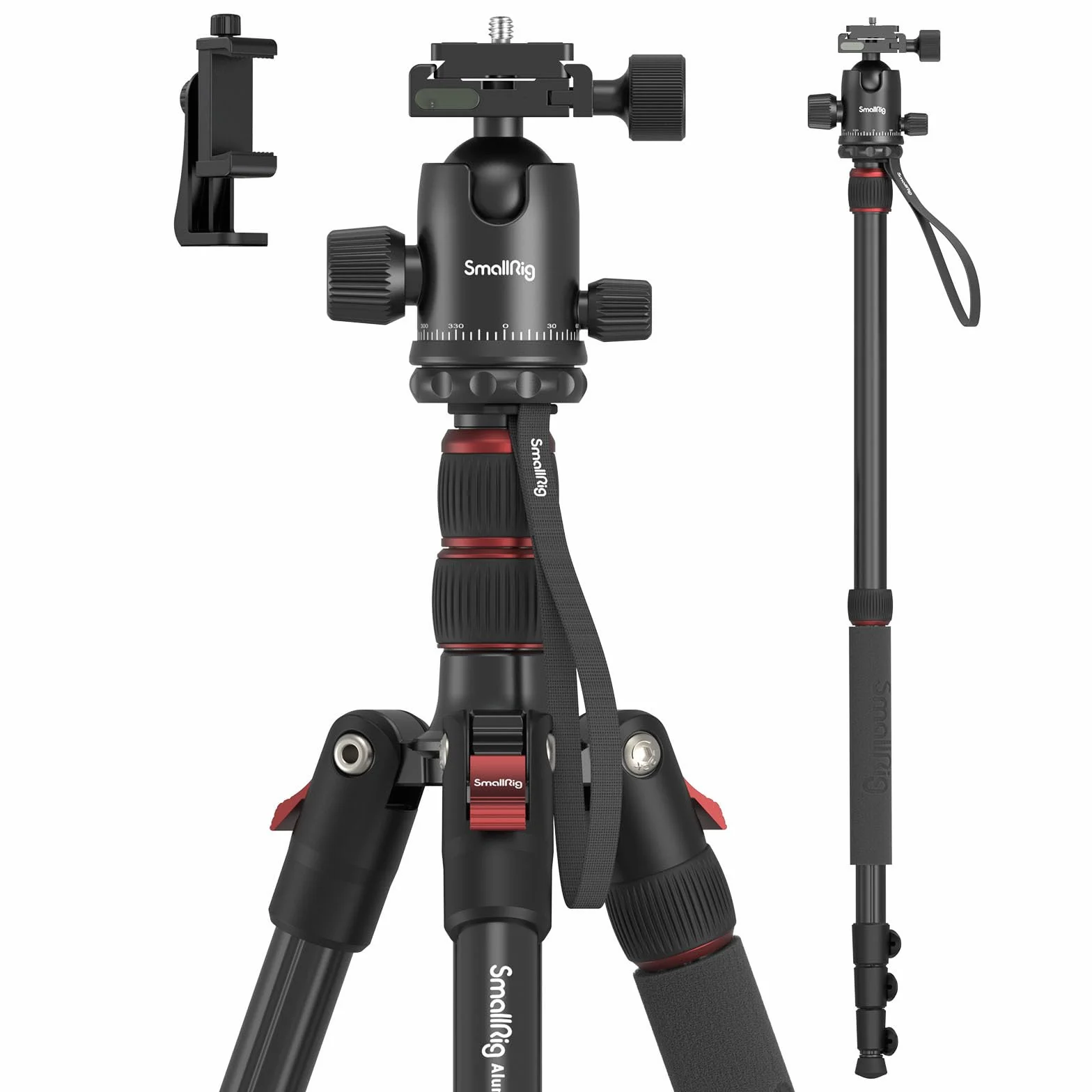 SMALLRIG 71" statyw fotograficzny, składany aluminiowy statyw, zdejmowana głowica kulowa 360° i płytka szybkiego zwalniania, z zaciskiem do smartfona, ładowność 15 kg 33lb, 71in/180cm - 3935