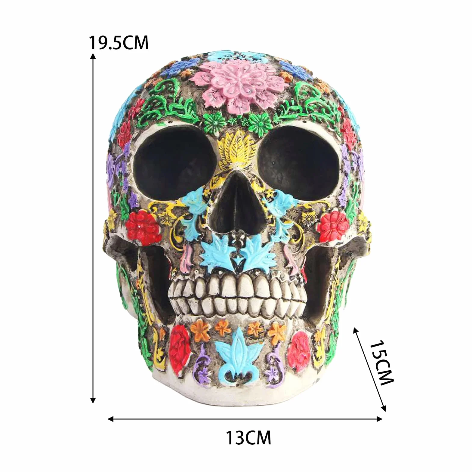 Tête de Mort Sculptée Design Jour des Morts, Statue Crâne avec Pétales, Sugar Skull Résine Ornement Halloween Maison