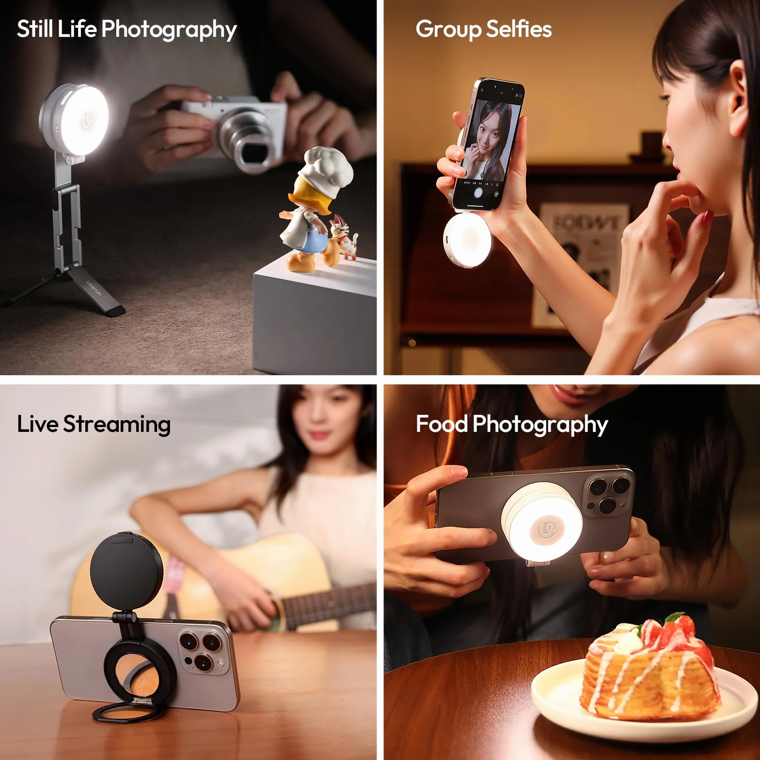 ULANZI LM23 Magnetyczna lampa do selfie, ulepszona lampa pierścieniowa do selfie 360° iPhone'a z mocowaniem rozmów wideo/konferencji/vlogów/fotografii (Czarny)
