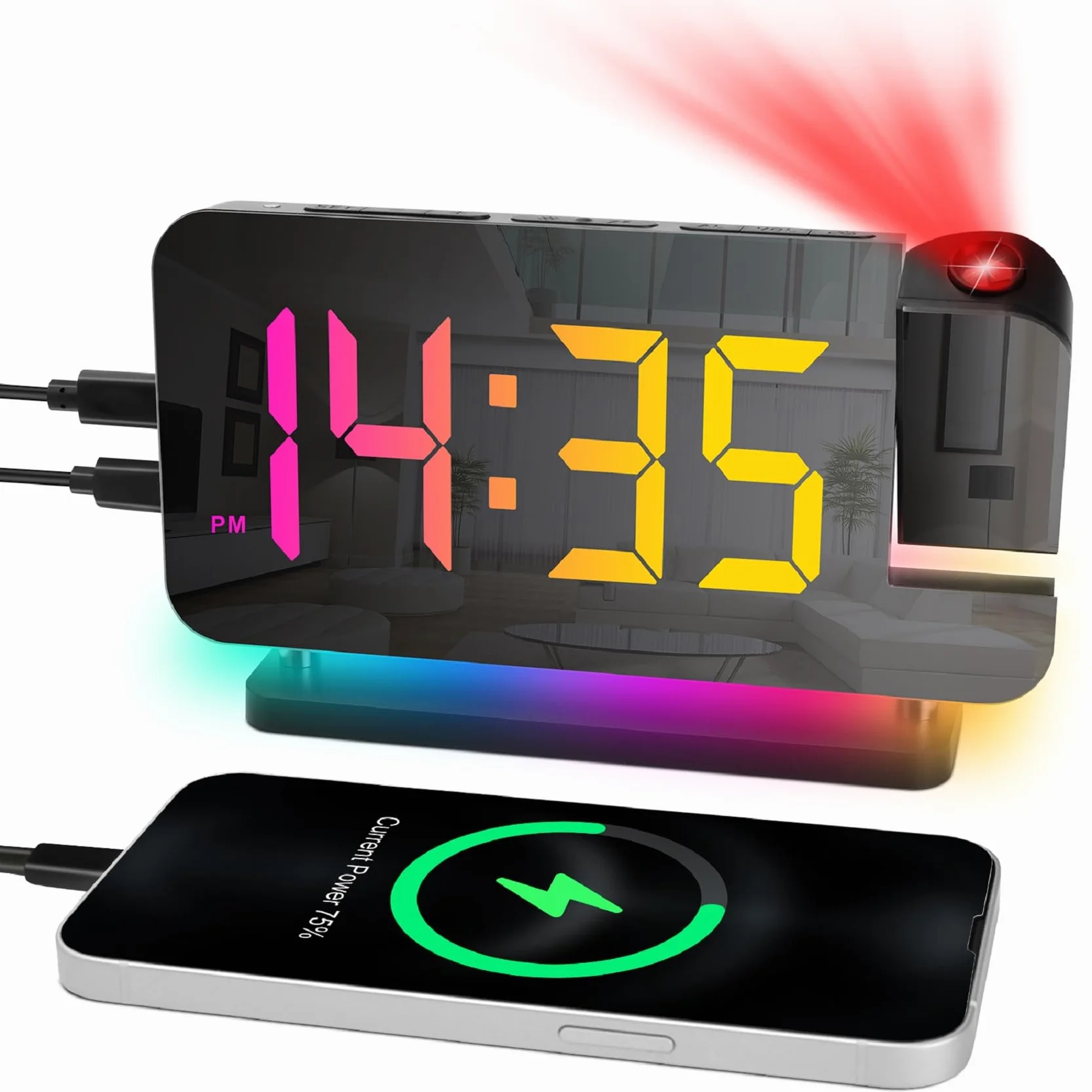 Cuteefun Reveil Projecteur Plafond, Affichage RVB 11 Couleurs, 6 Niveaux Luminosité, Port USB C/A