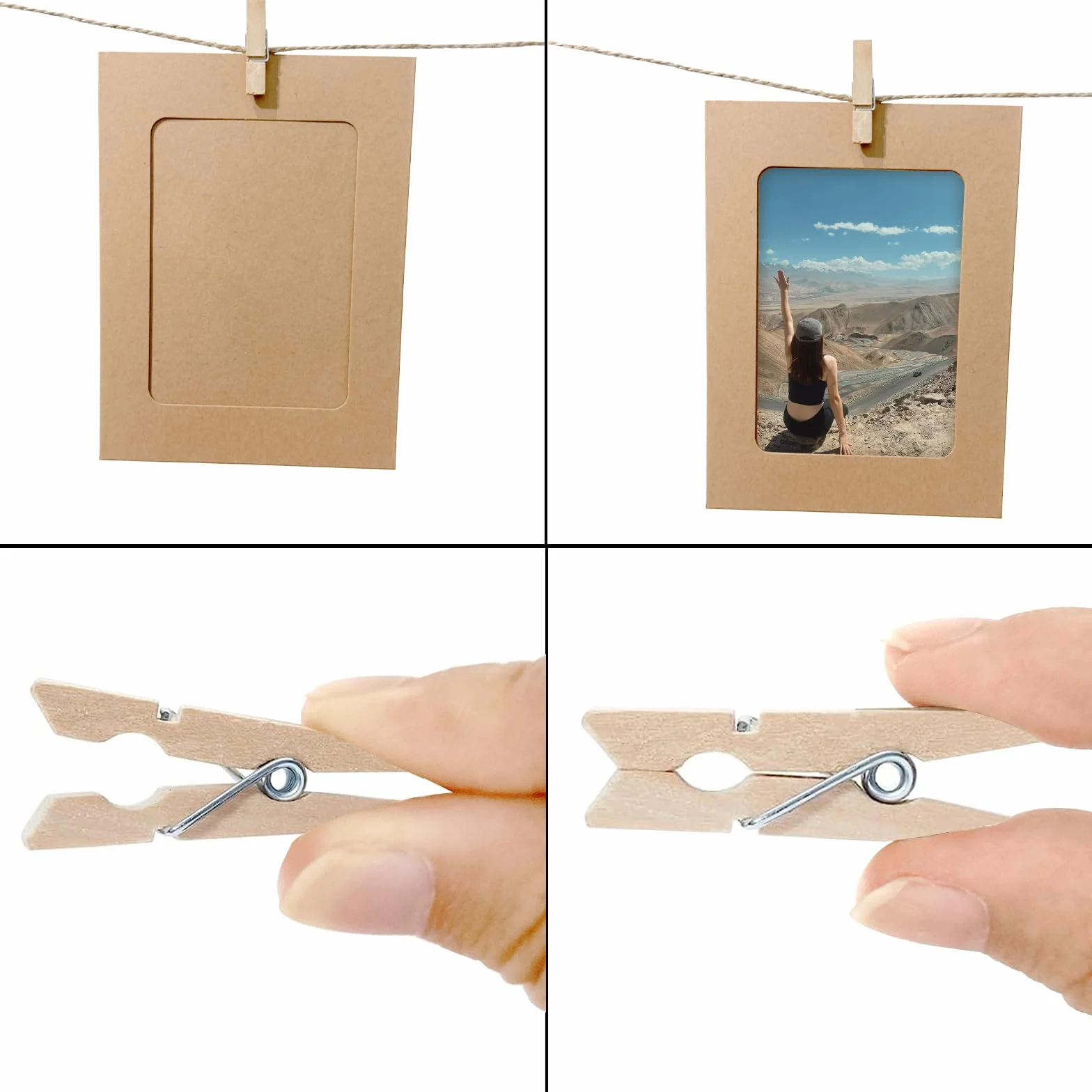 Lot de 40 cadres photo en carton papier kraft DIY 10x15 cm avec pinces en bois et cordes chanvre
