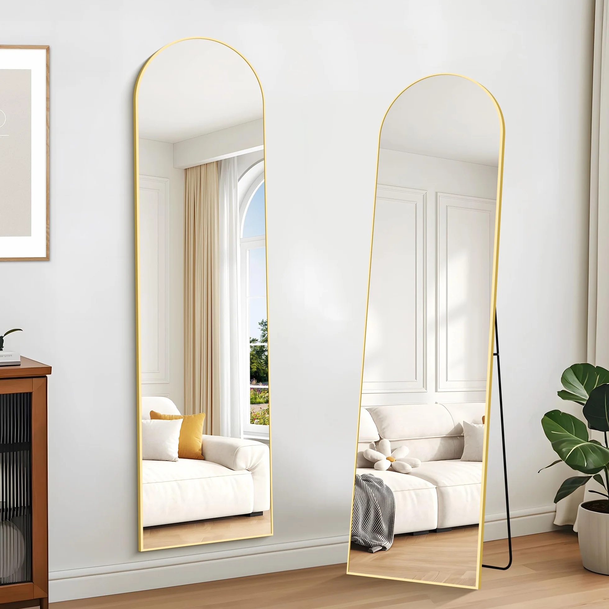 KOCUUY Miroir sur Pied Arqué, 150 x 40 cm Grand Miroir Mural avec Cadre en Aluminium Doré à Suspendre, à Poser, à Appuyer, pour Salon, Chambre, Couloir
