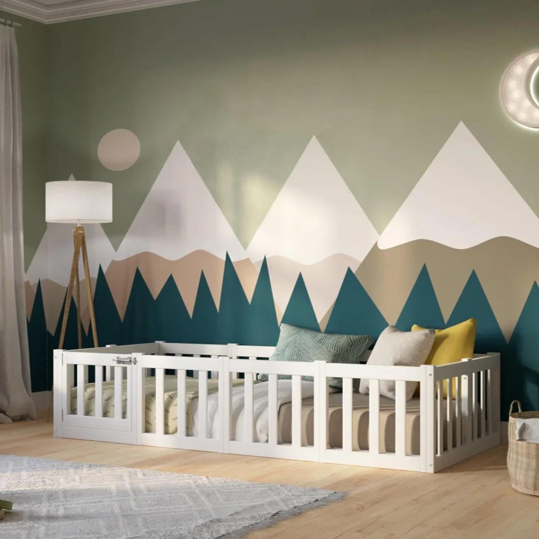 Lit Enfant 180x140 cm – Lit Montessori au Sol avec Barrière 40 cm et Barrière Amovible - Bois Blanc avec Surface Lisse - Parfait pour Garçons et Filles Crazy Johnny
