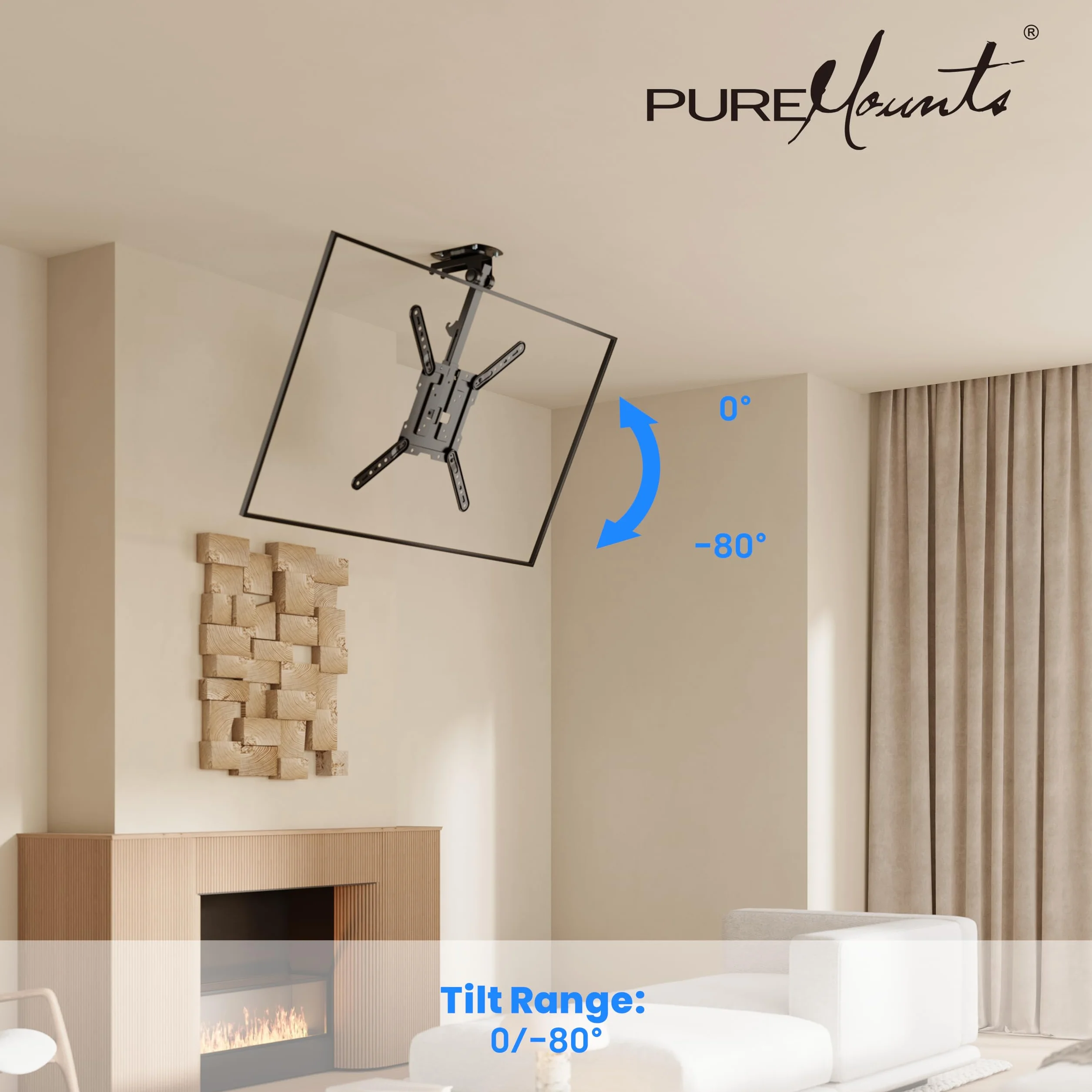 PureMounts Support TV pour Plafond, adapté aux téléviseurs 23-55 Pouces, Pliable, réglable en Hauteur, pivotant, inclinable, jusqu'à VESA 400x400, Noir