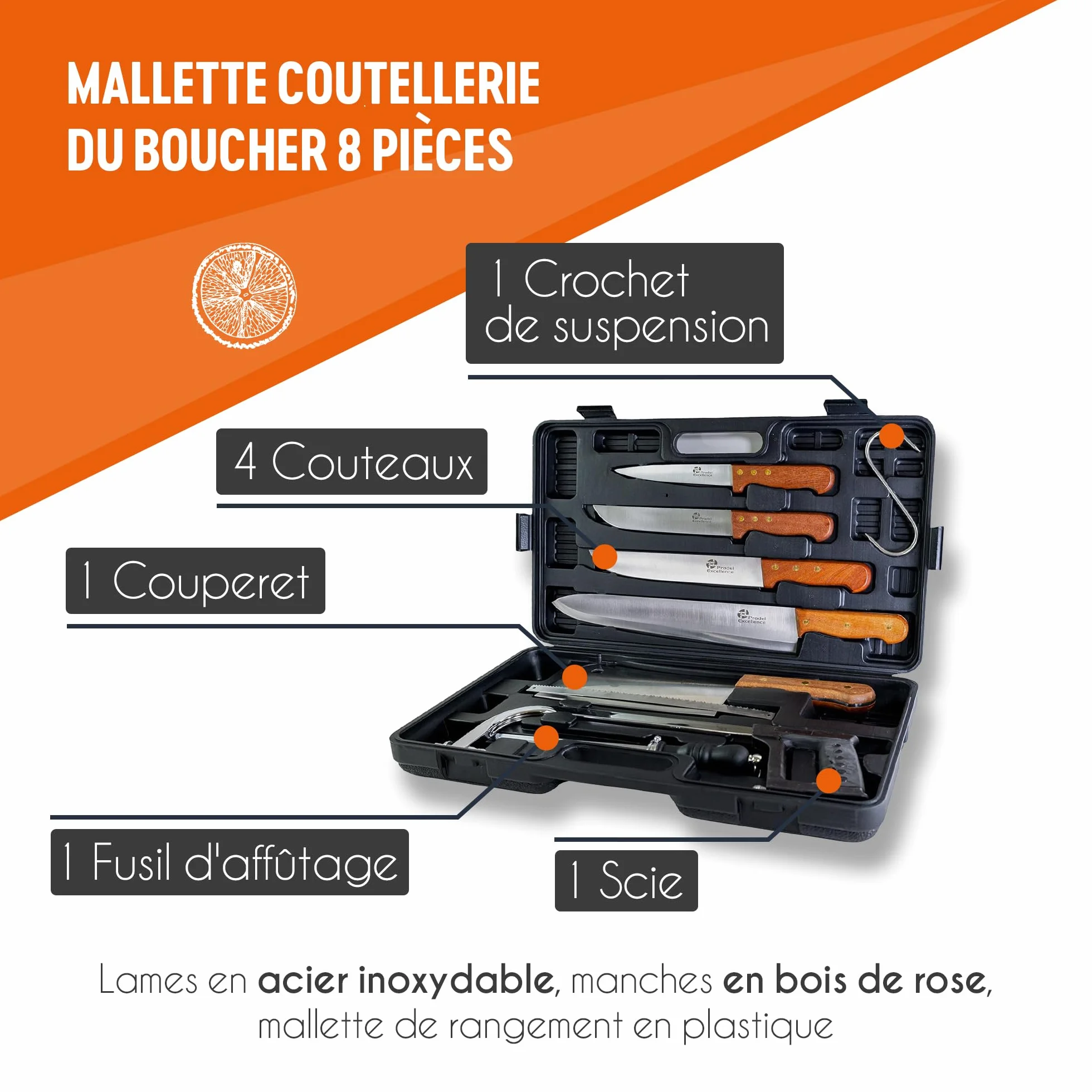 Pradel Excellence - PCOT001008 - Mallette Couteaux de Chasse 8 Pièces - 4 Couteaux + 1 Couperet + 1 Scie + 1 Crochet + 1 Fusil d’Affûtage - Lames Inox - Manches Rivetés en Bois de Rose