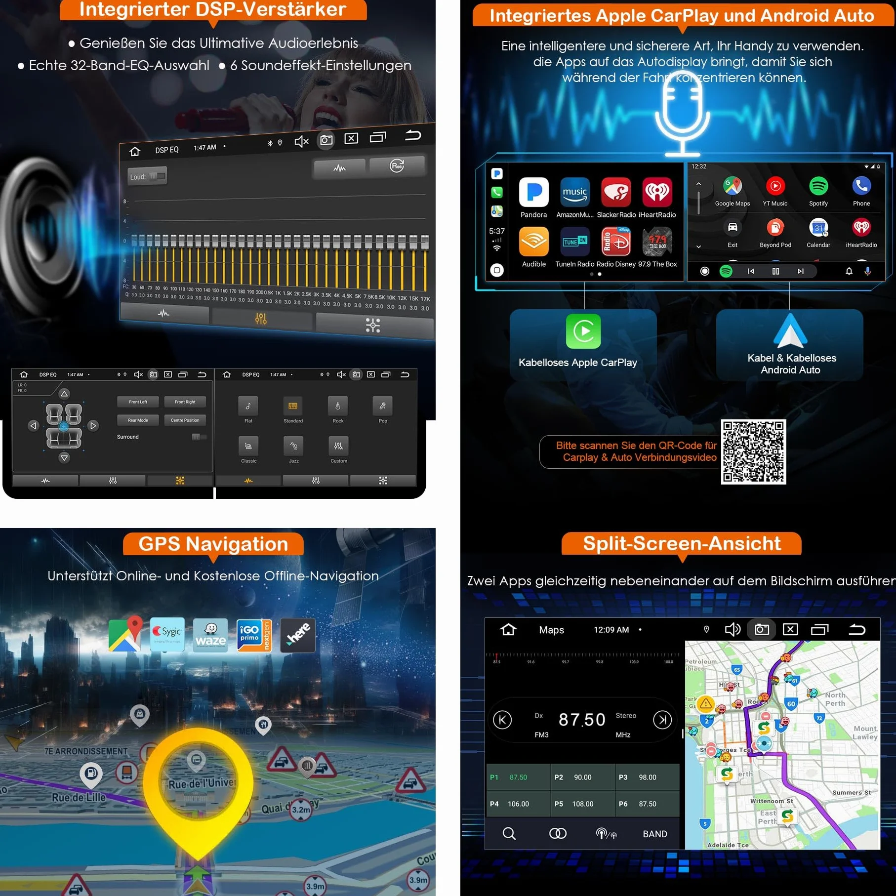 Radio samochodowe Erisin 8-rdzeniowe 4GB+64GB z Androidem 14, 2 Din z nawigacją GPS dla Forda Focus Mondeo S-Max C-Max Galaxy, obsługuje Bluetooth 5.0, CarPlay, Android Auto, DSP, WiFi, DAB+ RDS, SWC