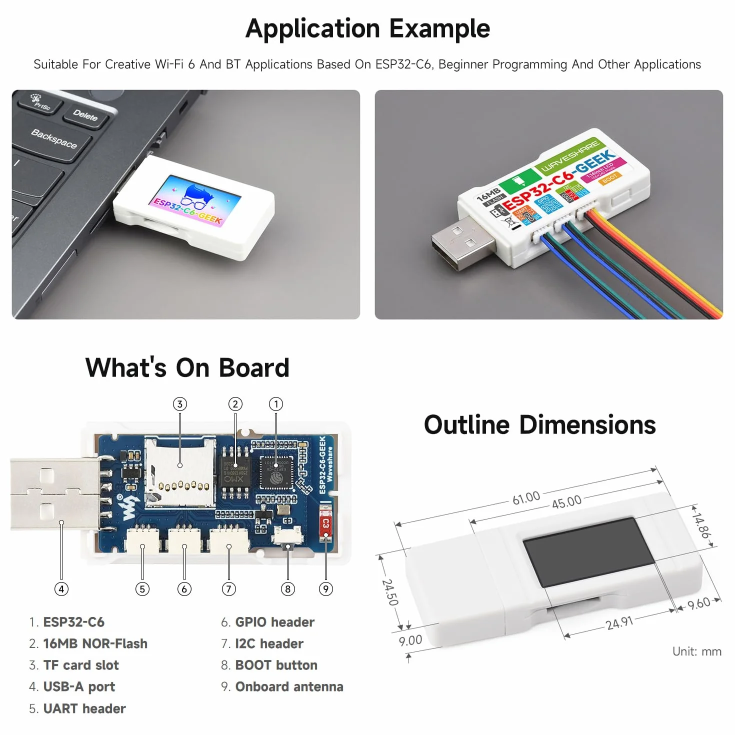 Waveshare ESP32-C6 Geek Development Board 1.14inch 65K Color LCD Display 240x135 2.4GHz Wi-Fi 6 BLE 5 USB-A White Case