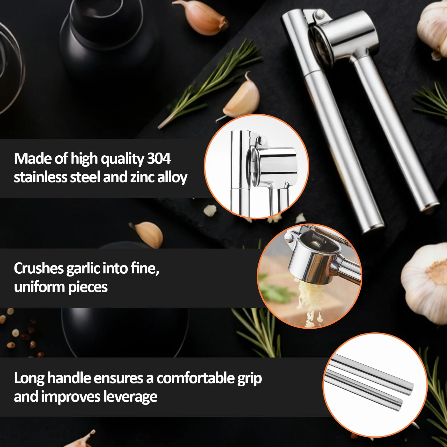 VINATO Presse Ail Inoxydable, Ustensiles de Cuisine Inox avec Eplucheur et Brosse