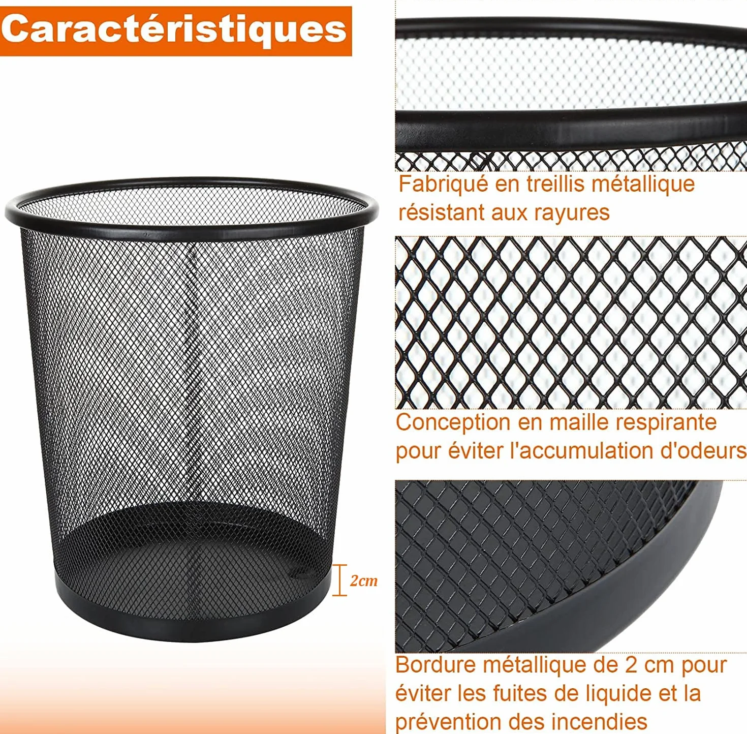 Lot de 3 Poubelle de Bureau Métal Maille 12L Noir 26.5x23.5x18.8 cm