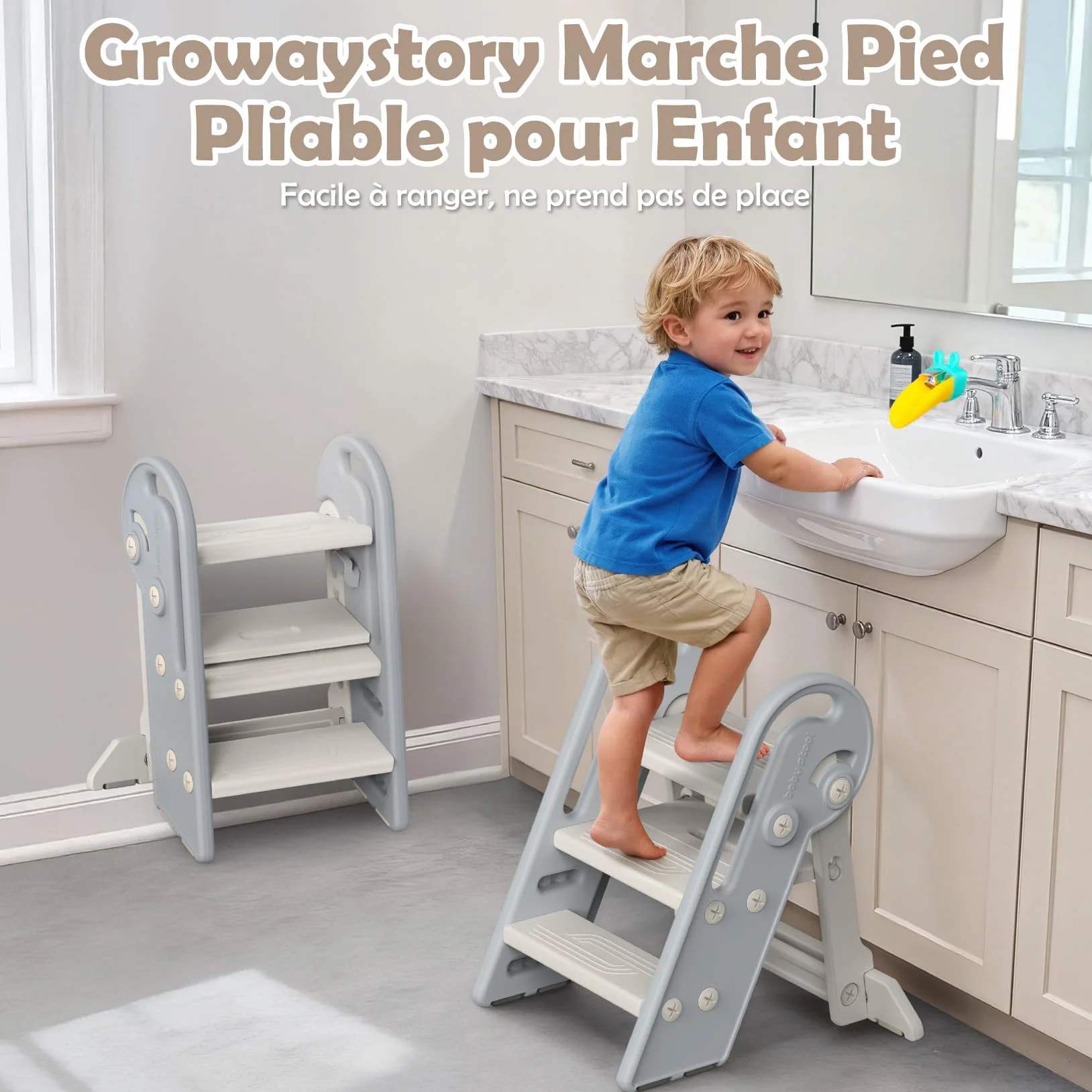 Marche Pied Pliable pour Enfant, Marchepied à Hauteur réglable, Multifonction, Marche Pied Toilette Enfant de la propreté avec poignées, Cadeaux pour garçons et Filles de 1,5 à 8 Ans-Gris Blanc