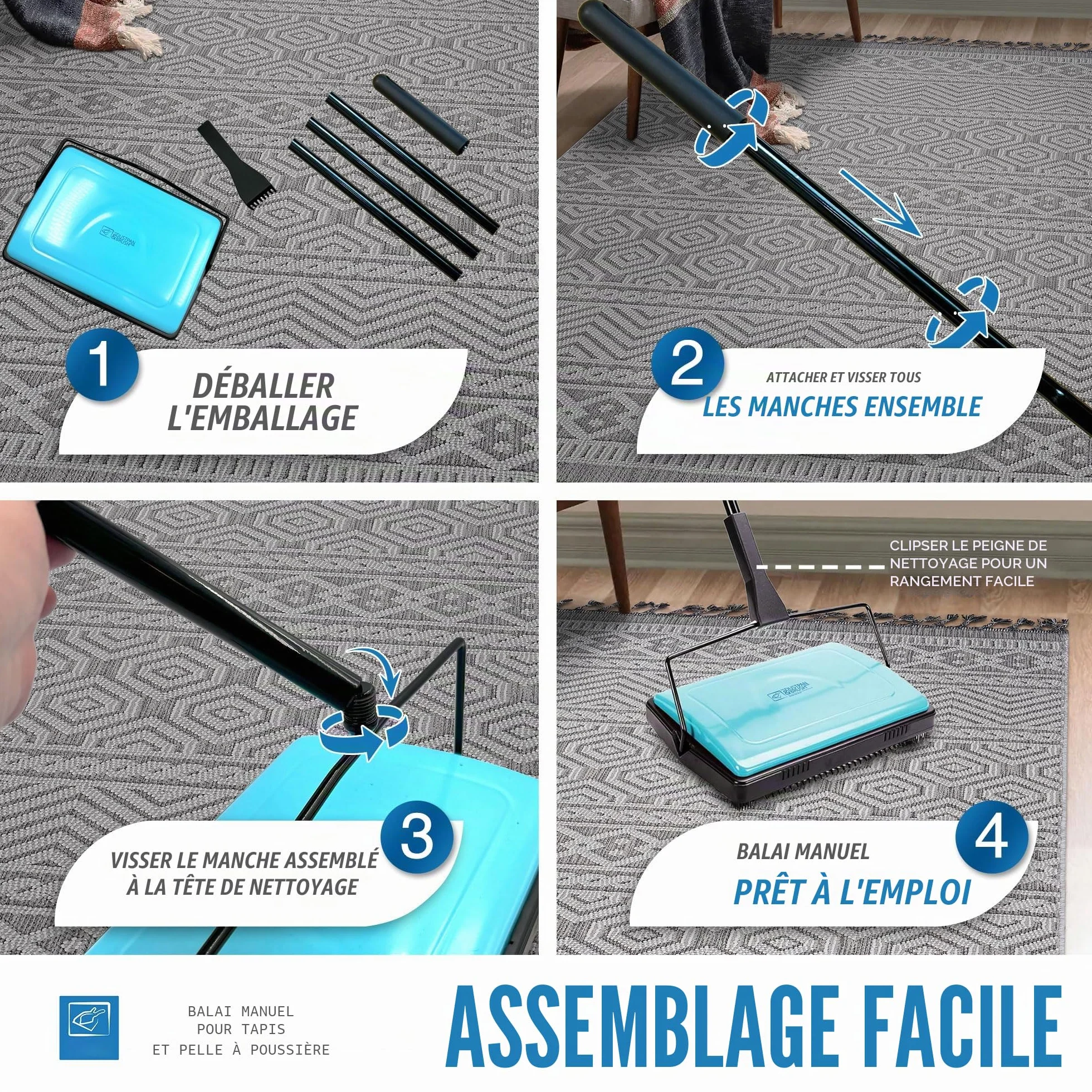 Balayeuse manuelle sans fil pivotante sans fil légère avec brosse en crin de cheval avec peigne de nettoyage – Parfait pour nettoyer les sols durs, les poils d'animaux et les tapis