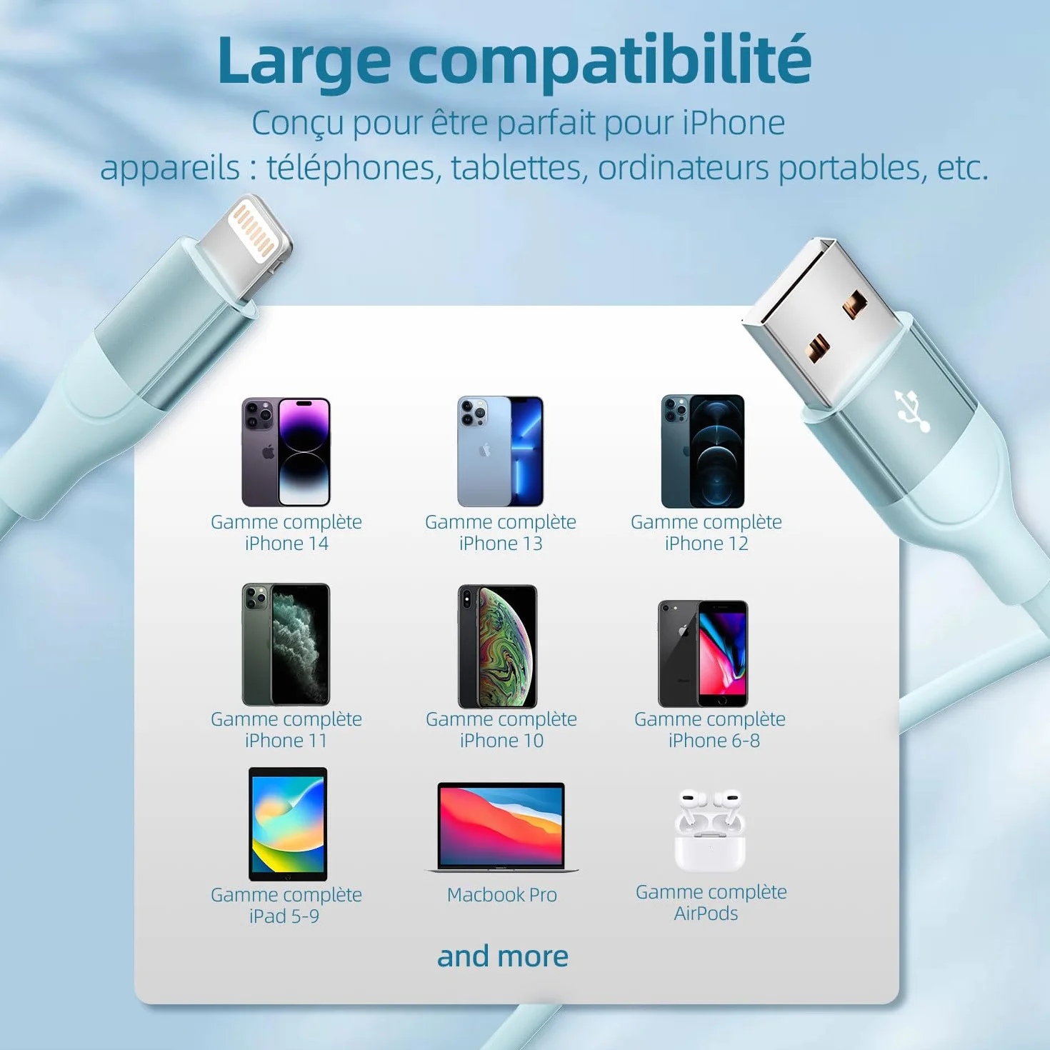 Câble Chargeur iPhone 2M Lot de 3 Charge Rapide Compatible iPhone 14 13 12 11 Pro Max XR XS X 8 7 6 Plus SE