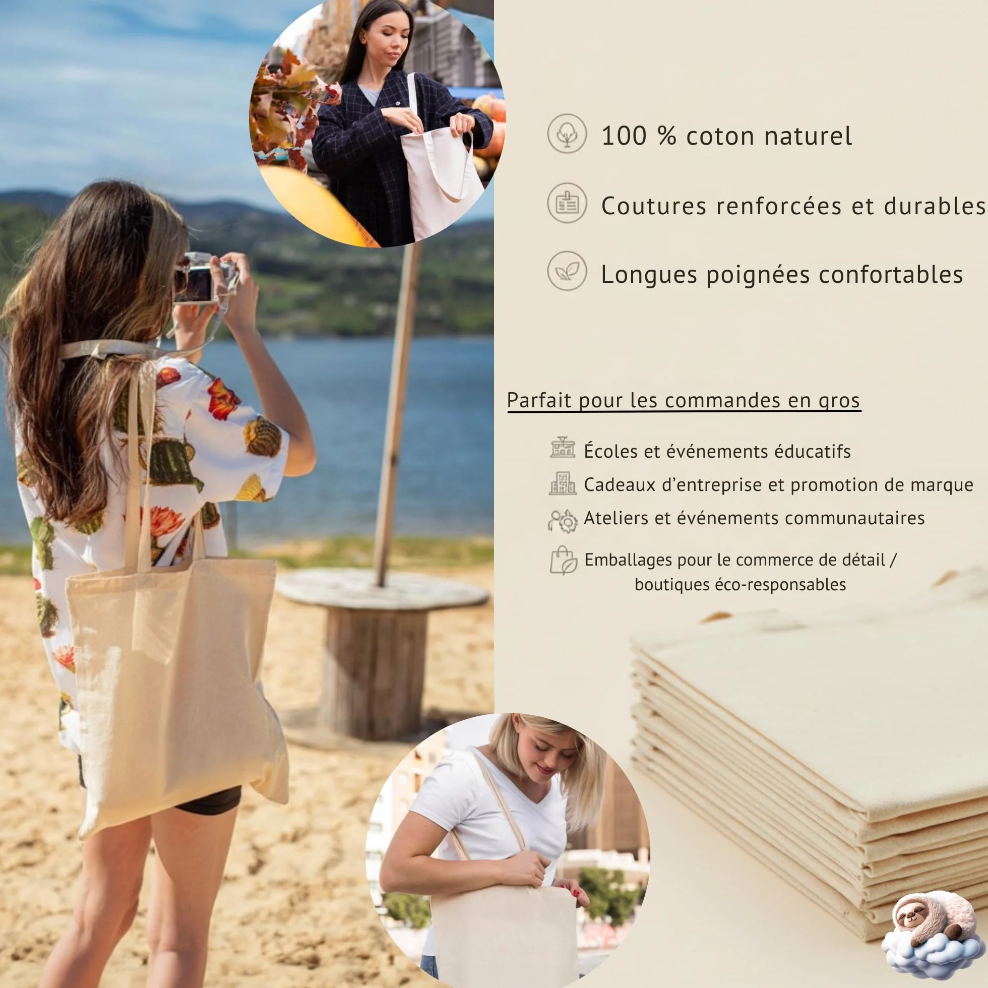 Cloud Pillow sac coton 38 x 42 cm – tote bag coton 100% 144 g/m², anses env. 70 cm, tote bag vierge pour le DIY – pratique au quotidien, pour l’université et le bureau – OEKO-TEX Standard 100