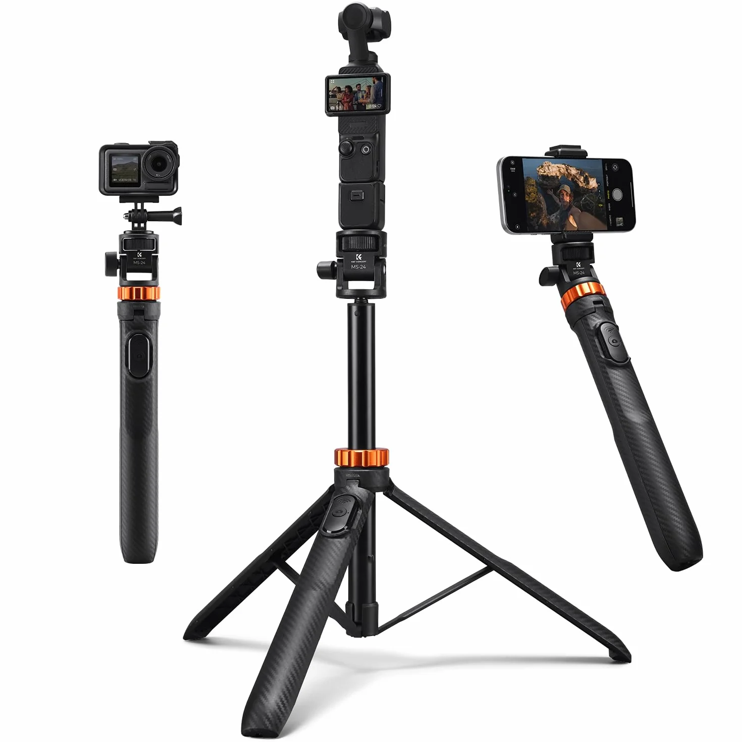 K&F CONCEPT Statyw do smartfonów i aparatów, Selfie Stick 175cm MS24, Selfie Stick z pilotem Bluetooth i klipsem na telefon, adapter GoPro/DJI Action/ Insta360, Streaming e Vlogging