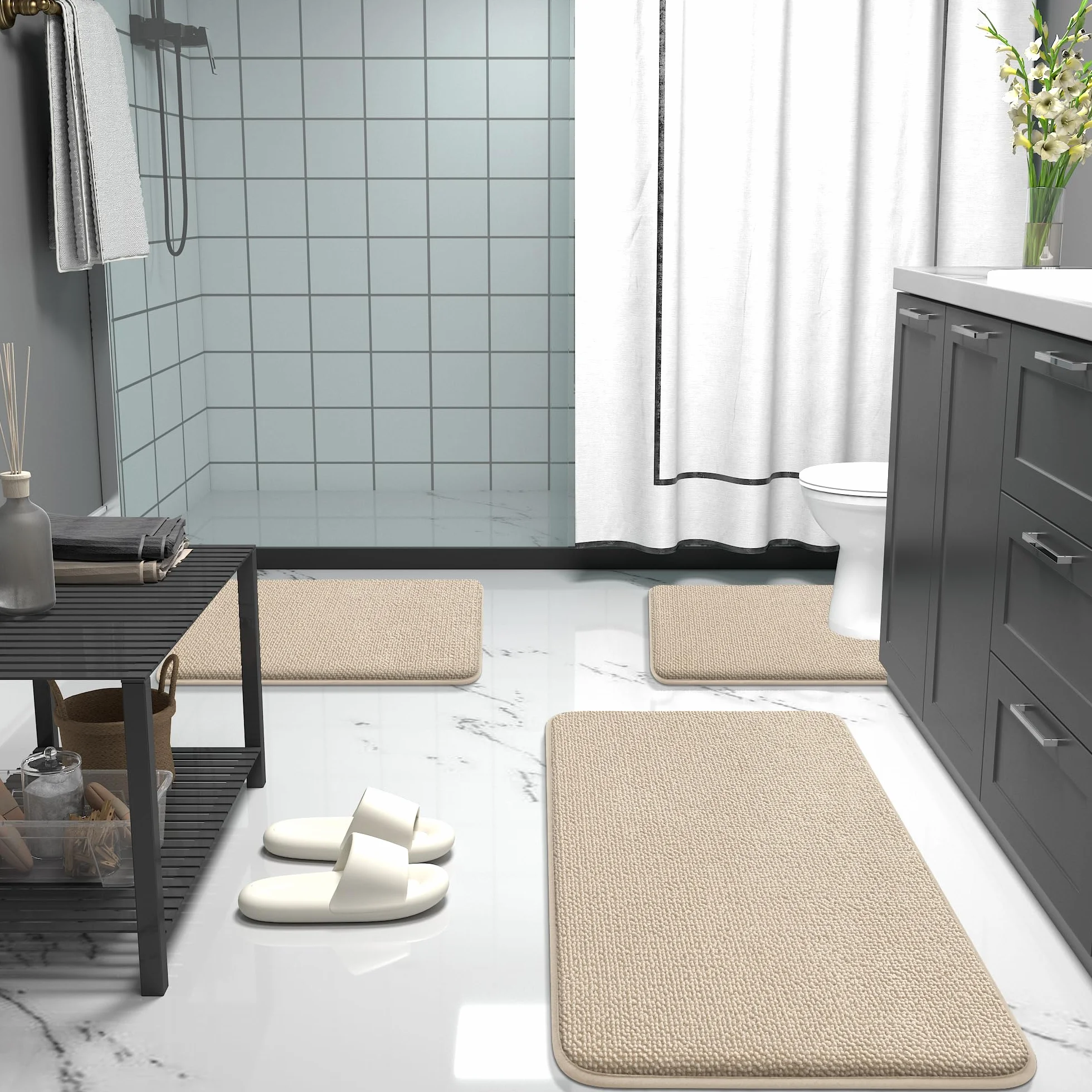 Homaxy Tapis de bain en mousse à mémoire de forme 60 x 90 cm Beige Antidérapant Absorbant