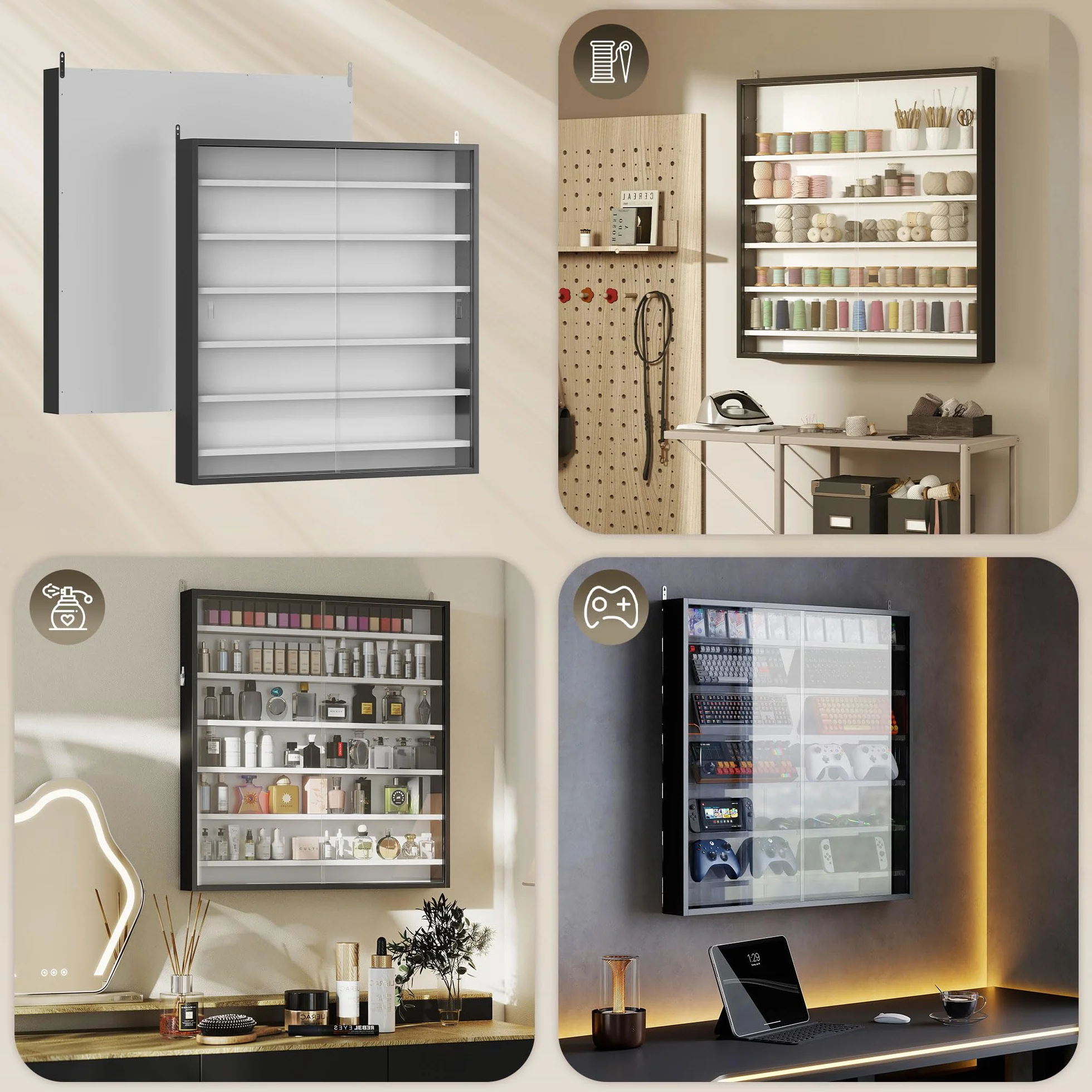 HOMCOM Vitrine pour Collection vitrine Murale 80 x 9,5 x 83 cm avec 6 étagères réglables en Hauteur et 2 Portes coulissantes en Verre, pour Collection de Figurines et Voitures Miniatures, Noir