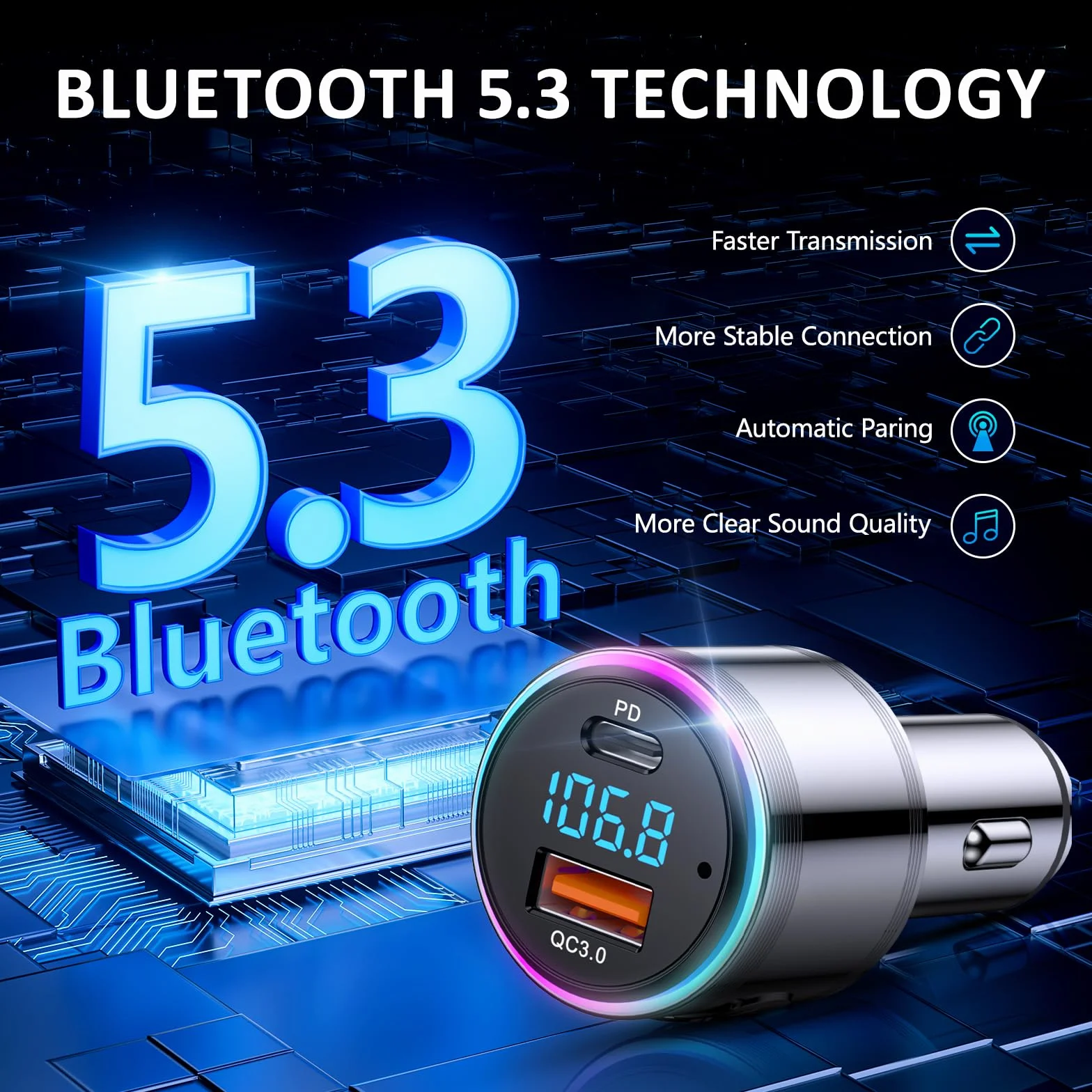 LENCENT 5.3 Samochodu Nadajnik FM Bluetooth, Bezprzewodowy Adapter Radiowy z D 20W Typ C+ QC3.0 ładowarka Fast USB, Zestaw Głośnomówiący, Zapalniczki Samochodowej, z Zestawem Głośnomówiącym, Hi-Fi
