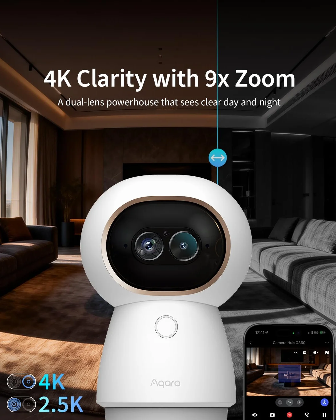 Aqara 4K UHD Matter Camera Hub G350 : Dual-Lens, zoom 9x, obrót 360°, śledzenie AI, rozpoznawanie twarzy/gestów. Współpracuje z Apple HomeKit, Alexa, Google Home i SmartThings