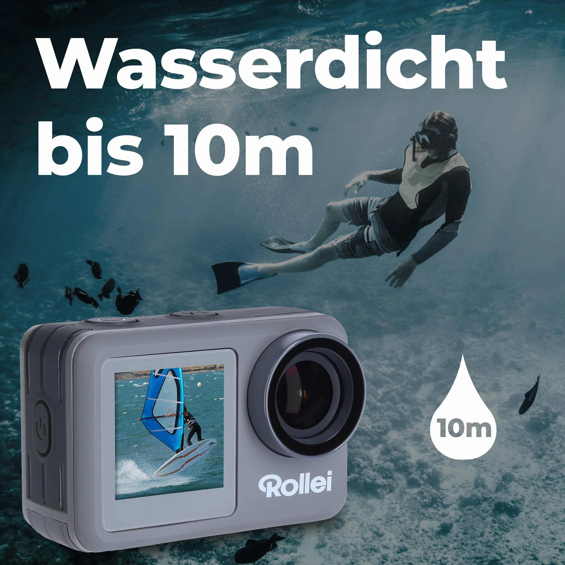 Rollei Kamera podwodna Action Cam 9s Plus I 4K 60fps z wyświetlaczem selfie, stabilizacją obrazu, poklatkiem, zwolnionym tempem, funkcją pętli I wodoodporna do 10m, 65,5 x 43,8 x 26,5 mm