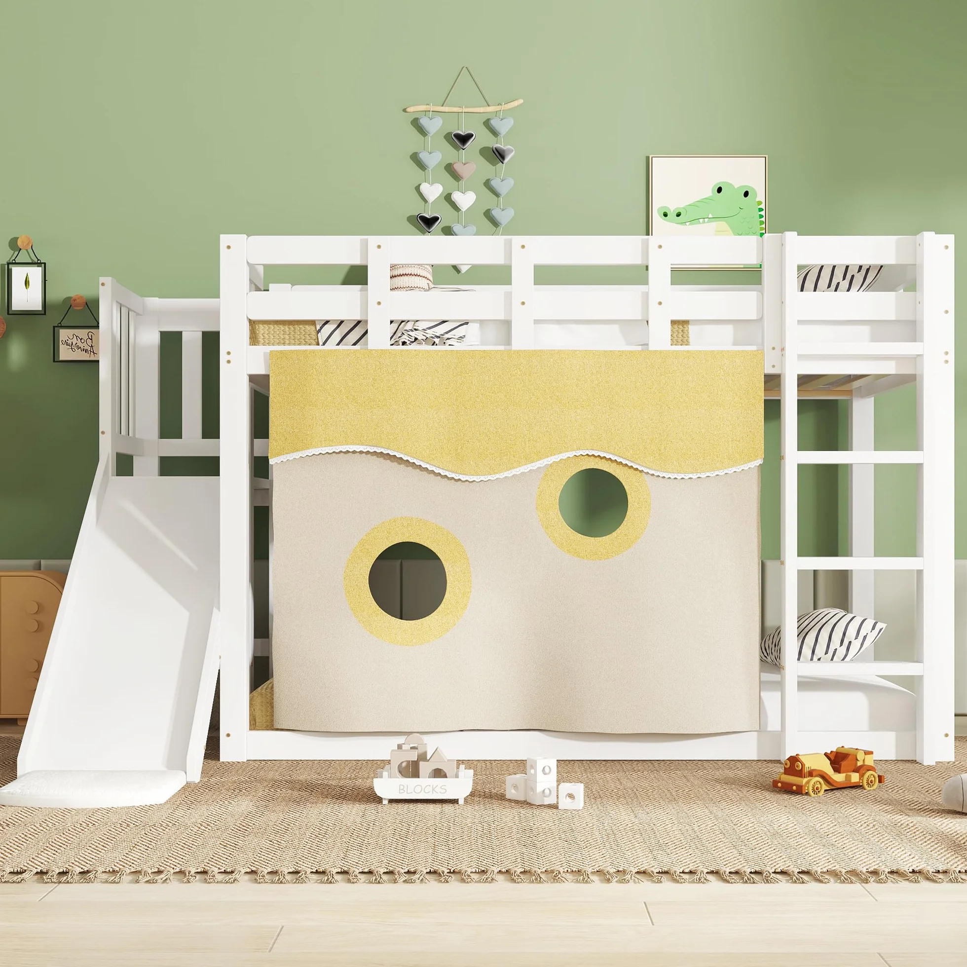 Lit superposé pour Enfants avec Toboggan, lit en Bois avec escalier et clôtures, lit pour Enfant avec Rideau de lit, Protection Anti-Chute, Bois Massif (sans Matelas) (Blanc-02W, 90x200cm)