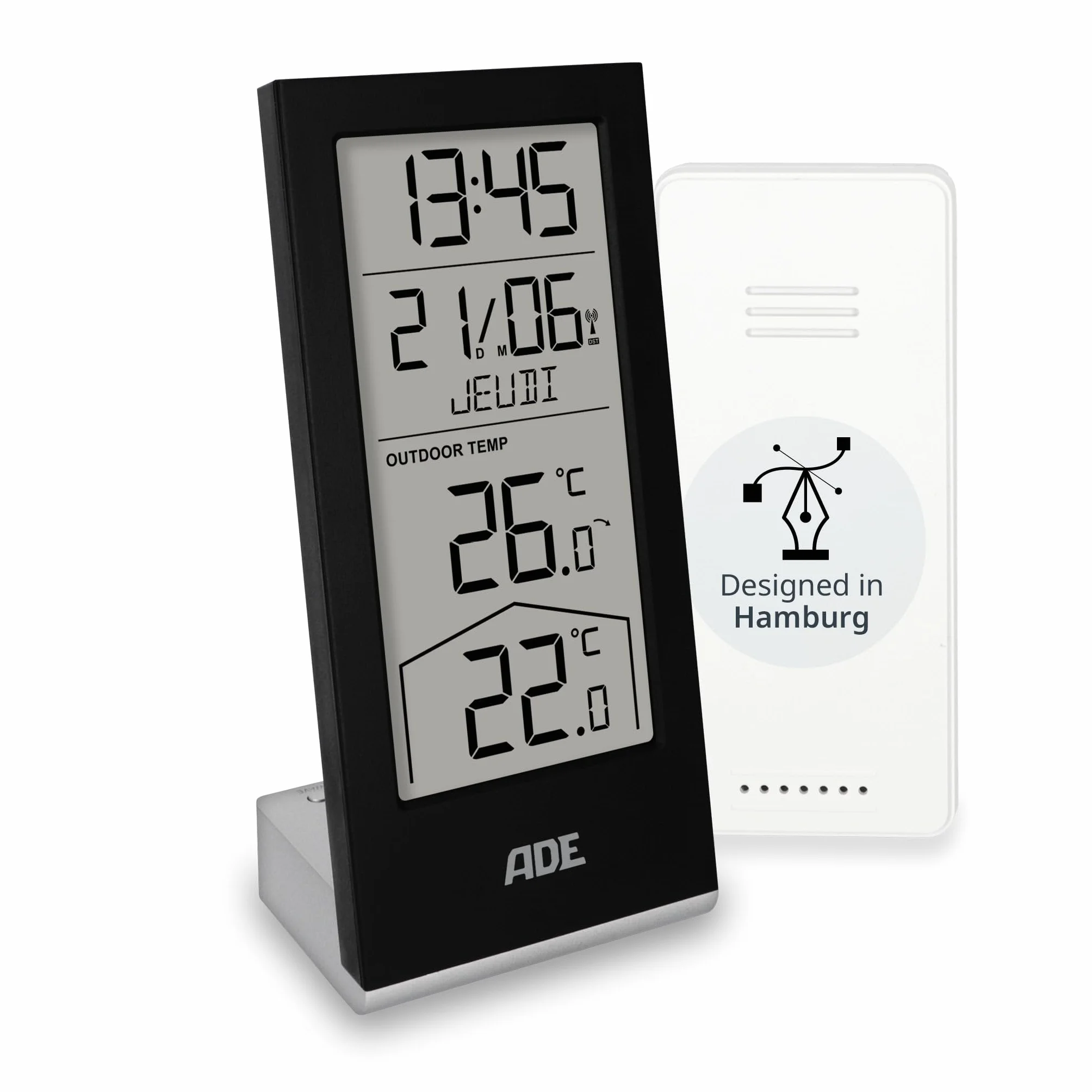 Station météo numérique sans fil ADE avec capteur extérieur, thermomètre intérieur et extérieur, horloge radio pilotée, calendrier numérique, noir