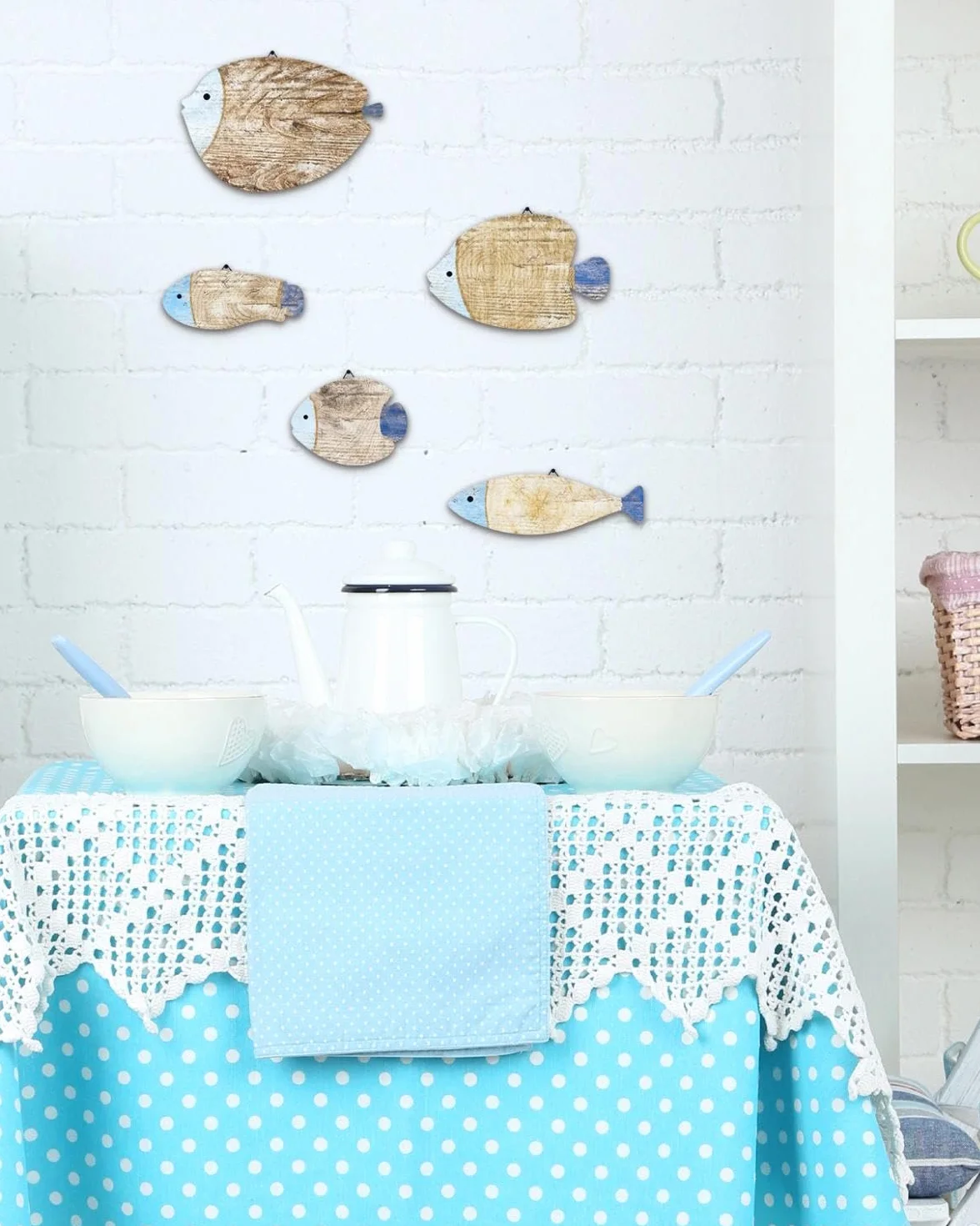 Décoration Murale Poissons Bois, Lot de 5 Silhouettes Style Bord de Mer, Teintes Bleu Naturel, Déco Marine Maison
