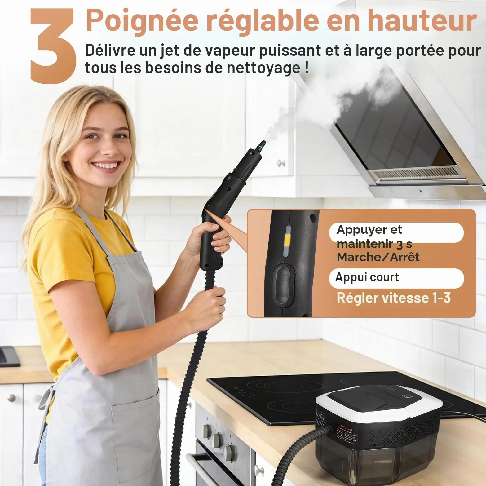 Nettoyeur Vapeur, Nettoyeur à Vapeur Portable 1500W Basse Pression, Chauffage Rapide 15s, Réservoir d’eau 1,8L, 12 Accessoires Inclus,Cuisine & Voiture, Blanc（Appuyez longuement sur 3s pour démarrer）