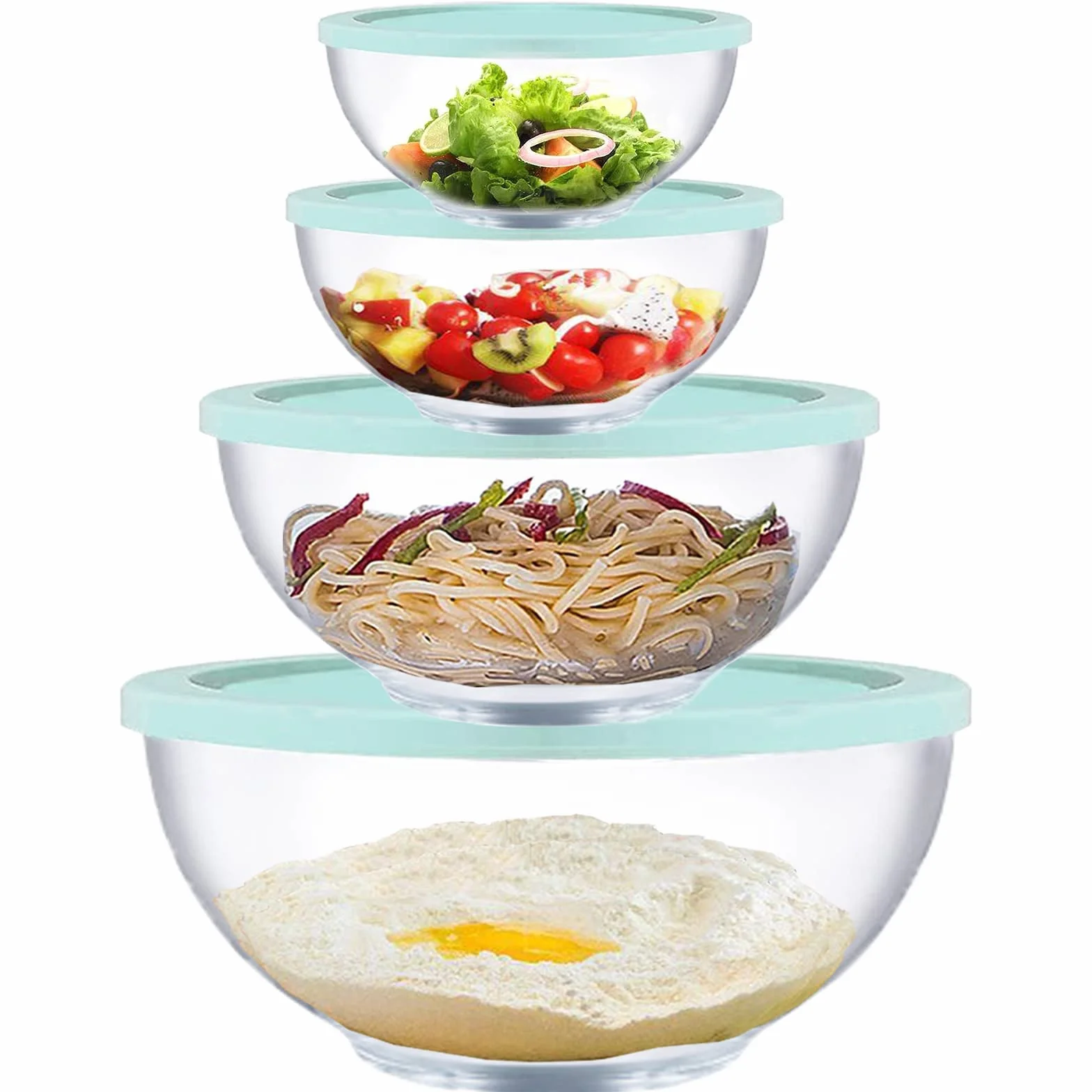 Homwin Lot de 4 Saladier Verre avec Couvercle Borosilicaté Résistant à La chaleur avec Couvercles (0,5L, 1,0L, 2,0L, 3,5L), Bol en Verre avec Couvercle peu Encombrants