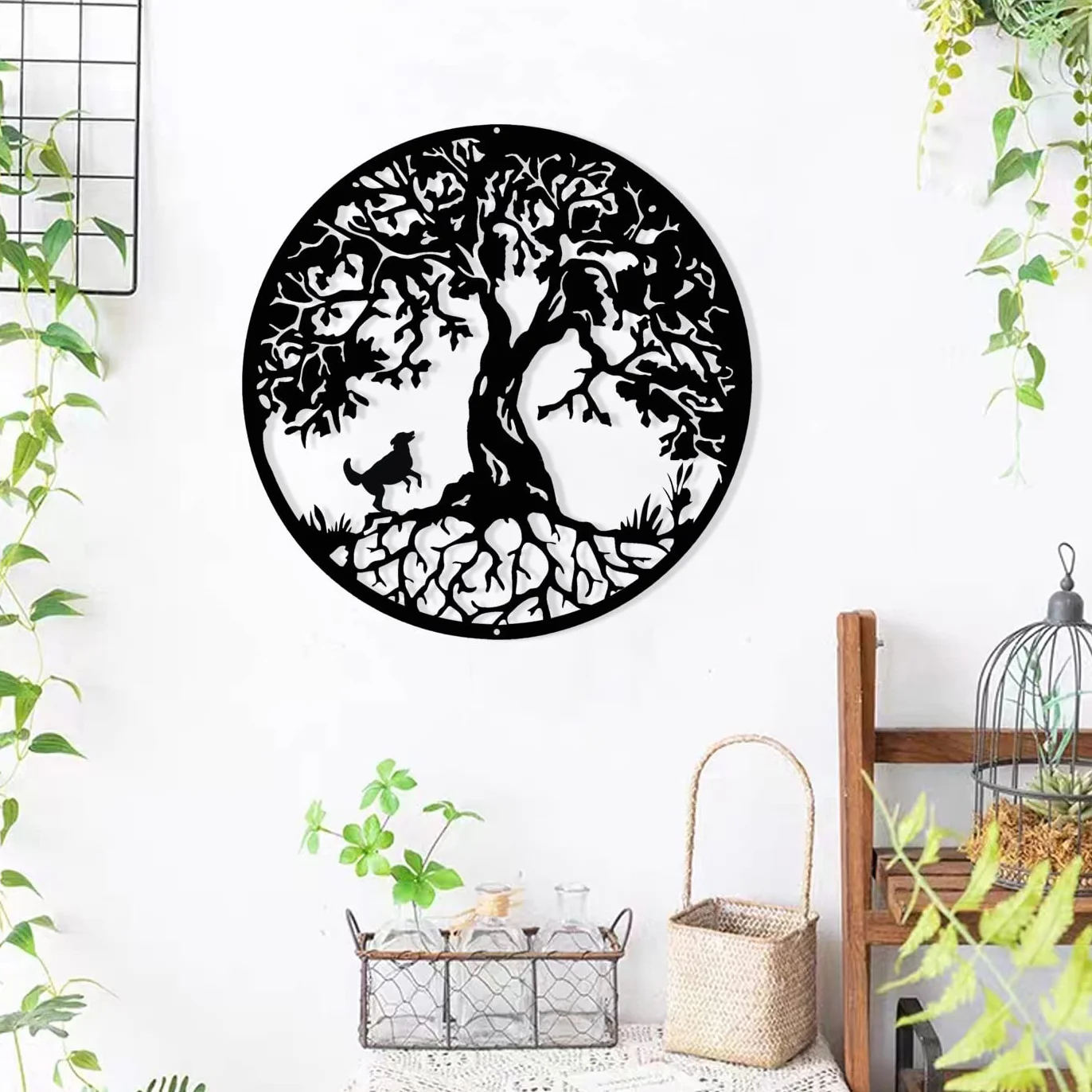 Arbre de vie avec chien Décoration Murale en Métal 50cm 19.7 pouces