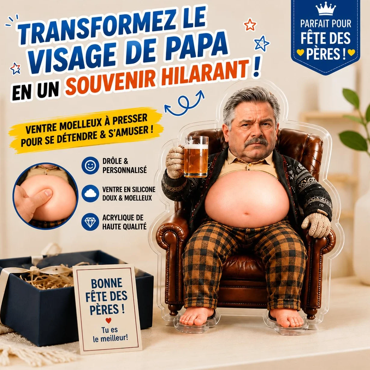 Aimant Frigo Personnalisé Anti-Stress avec Ventre Squishy Cadeau Fête des Pères