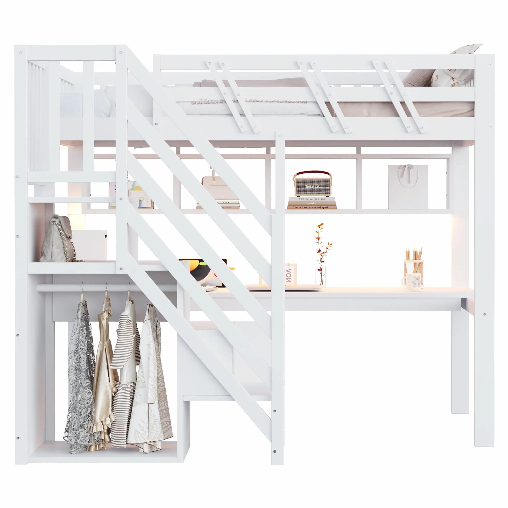 Merax Lit mezzanine 90 x 200 cm, cadre en bois massif, avec bureau, éclairage LED et prise USB, lit pour enfant/adolescent, avec espace de rangement, lit simple, peu encombrant, blanc (sans matelas)