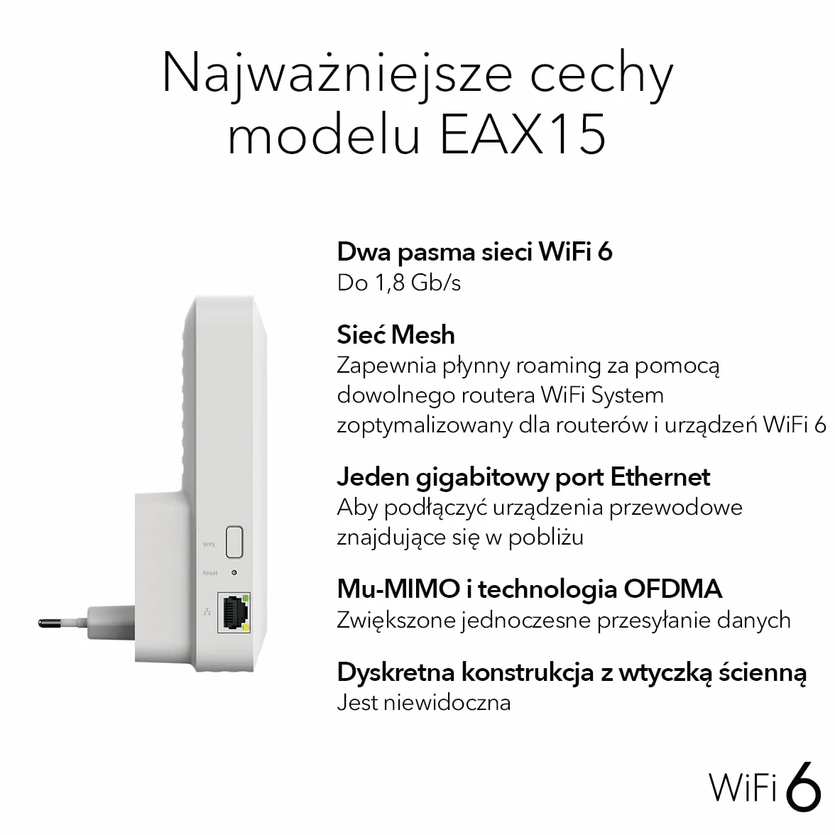 NETGEAR Wzmacniacz sygnału WiFi 6 (EAX15) – rozszerza zasięg do 100 m², do 20 urządzeń, AX1800 Dual-Band (do 1,8 Gb/s), WPA3, Smart Roaming, jedna nazwa sieci